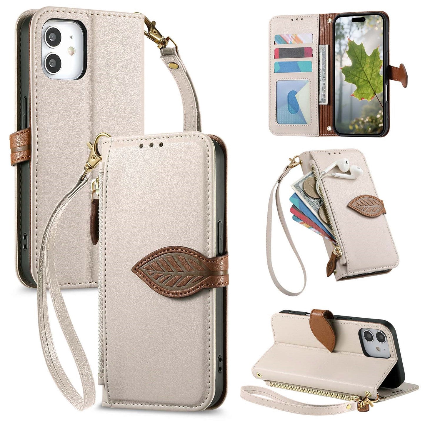 Leather Flip Phone Case with Leaf Design, Wrist Strap and Zipper Closure for iPhone 12 Mini