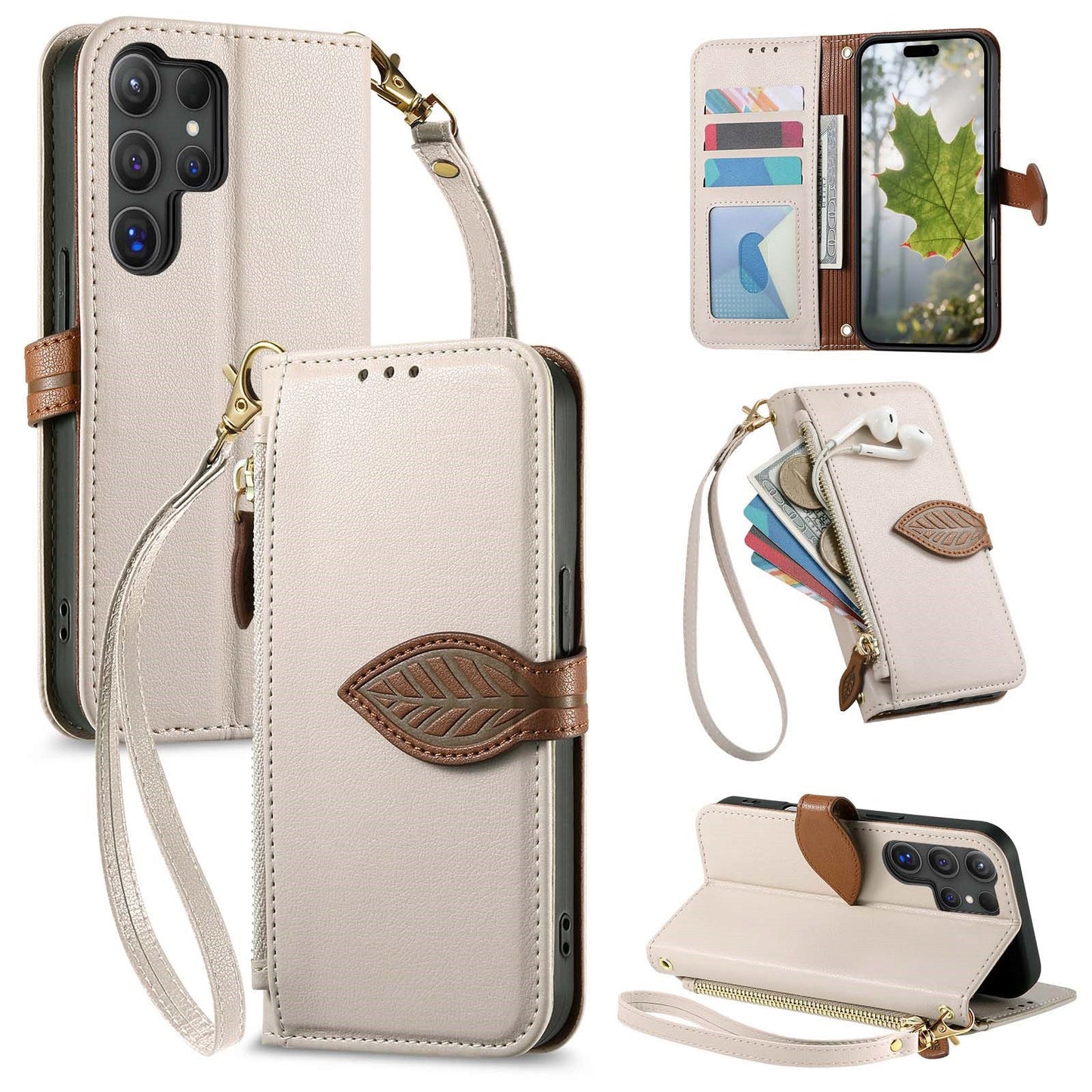 Leather Flip Phone Case with Leaf Design, Wrist Strap and Zipper Closure for Samsung Galaxy S22 Ultra