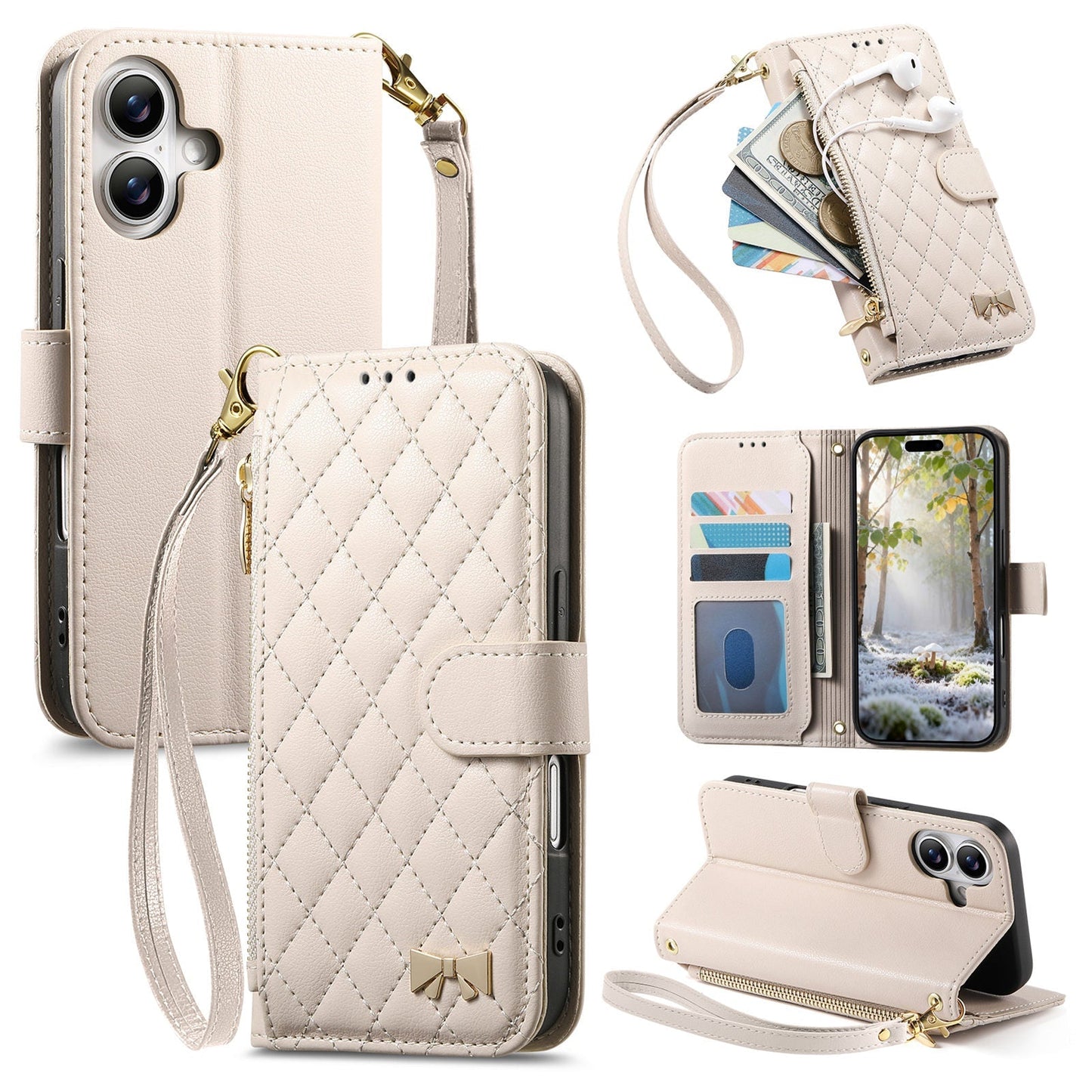 Elegant Diamond Quilted Leather Phone Wallet Case for iPhone 16 Plus