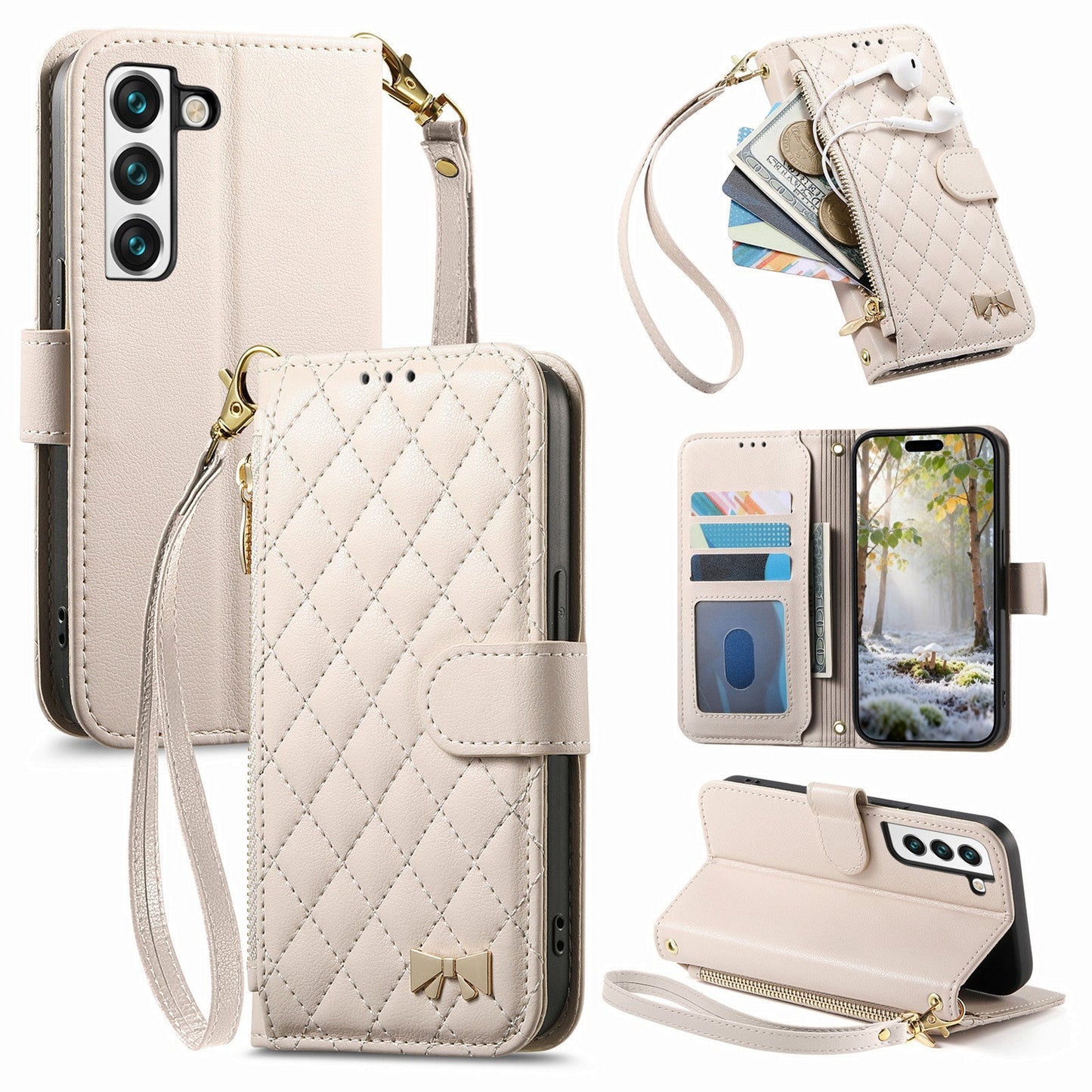 Elegant Diamond Quilted Leather Phone Wallet Case for Samsung Galaxy S22