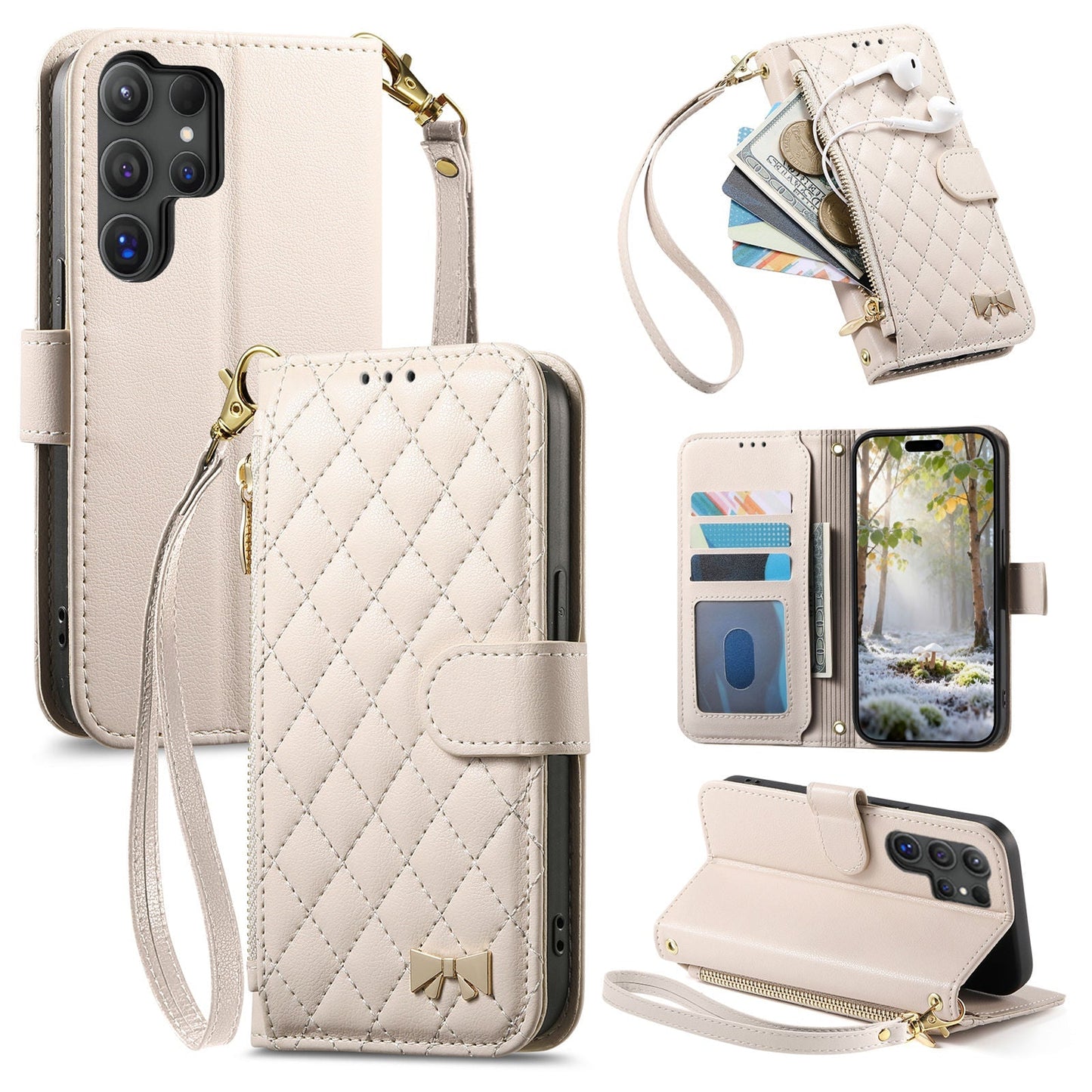 Elegant Diamond Quilted Leather Phone Wallet Case for Samsung Galaxy S23 Ultra