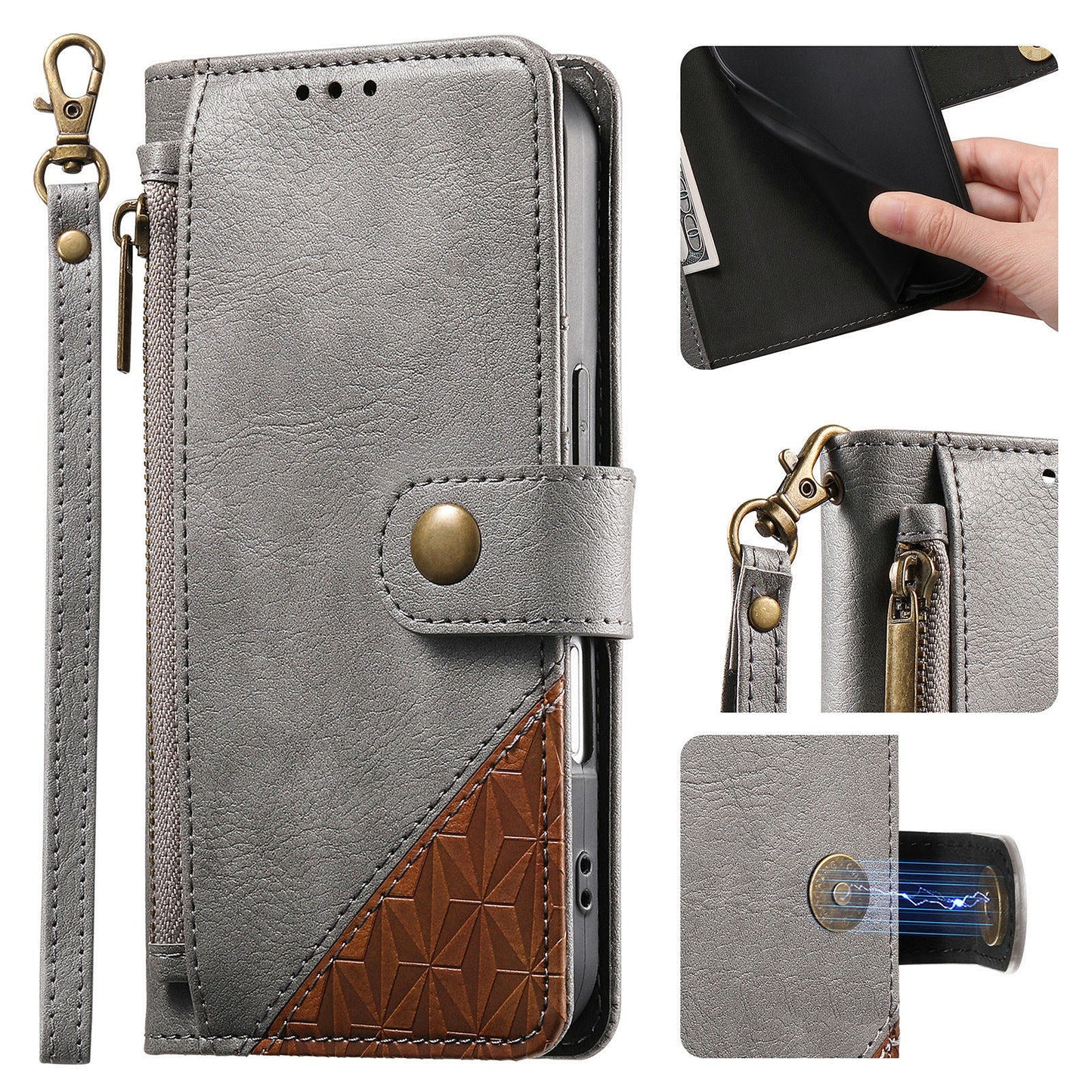 Color-Blocked Shockproof Premium Wallet Leather Phone Case for iPhone 12 Mini