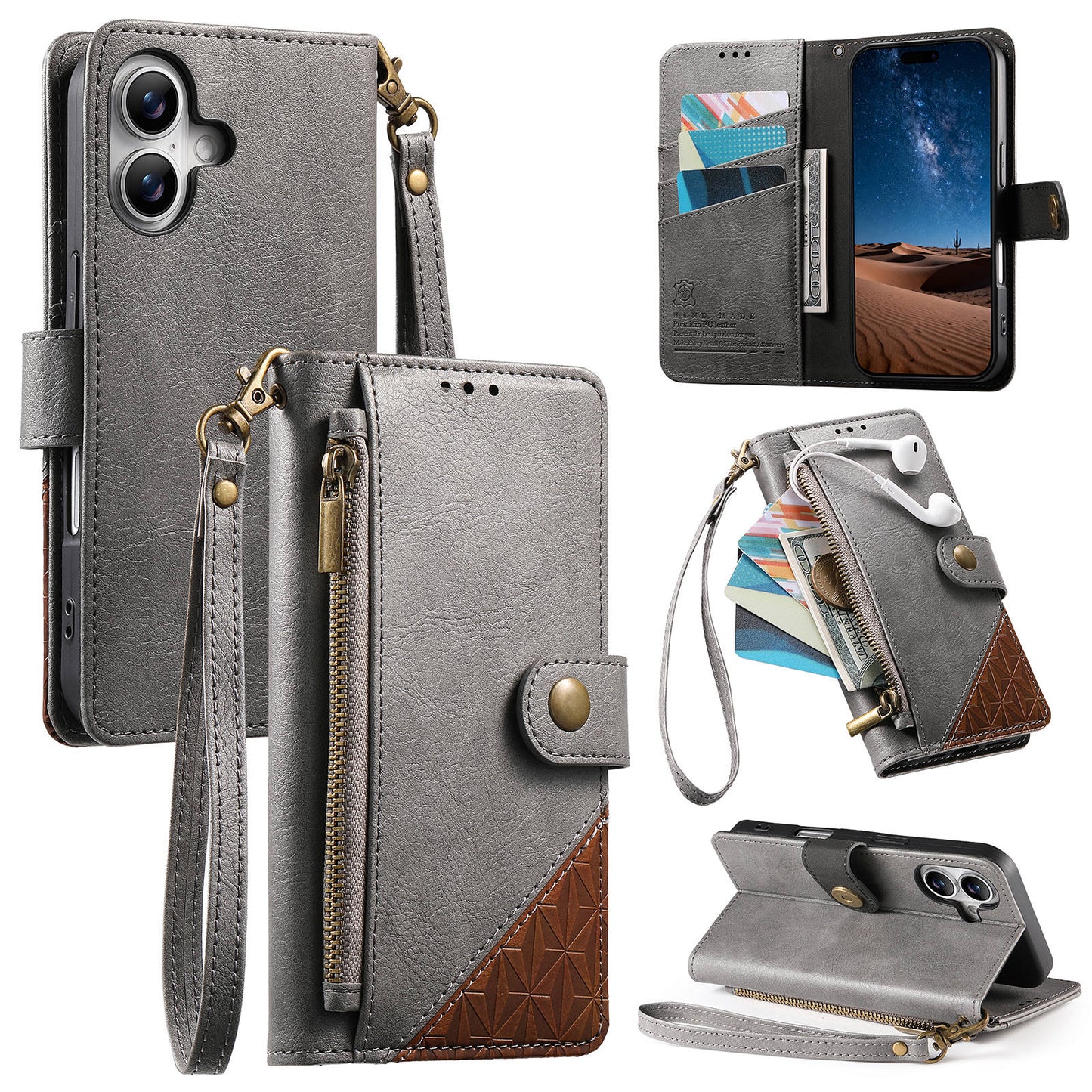 Color-Blocked Shockproof Premium Wallet Leather Phone Case for iPhone 16