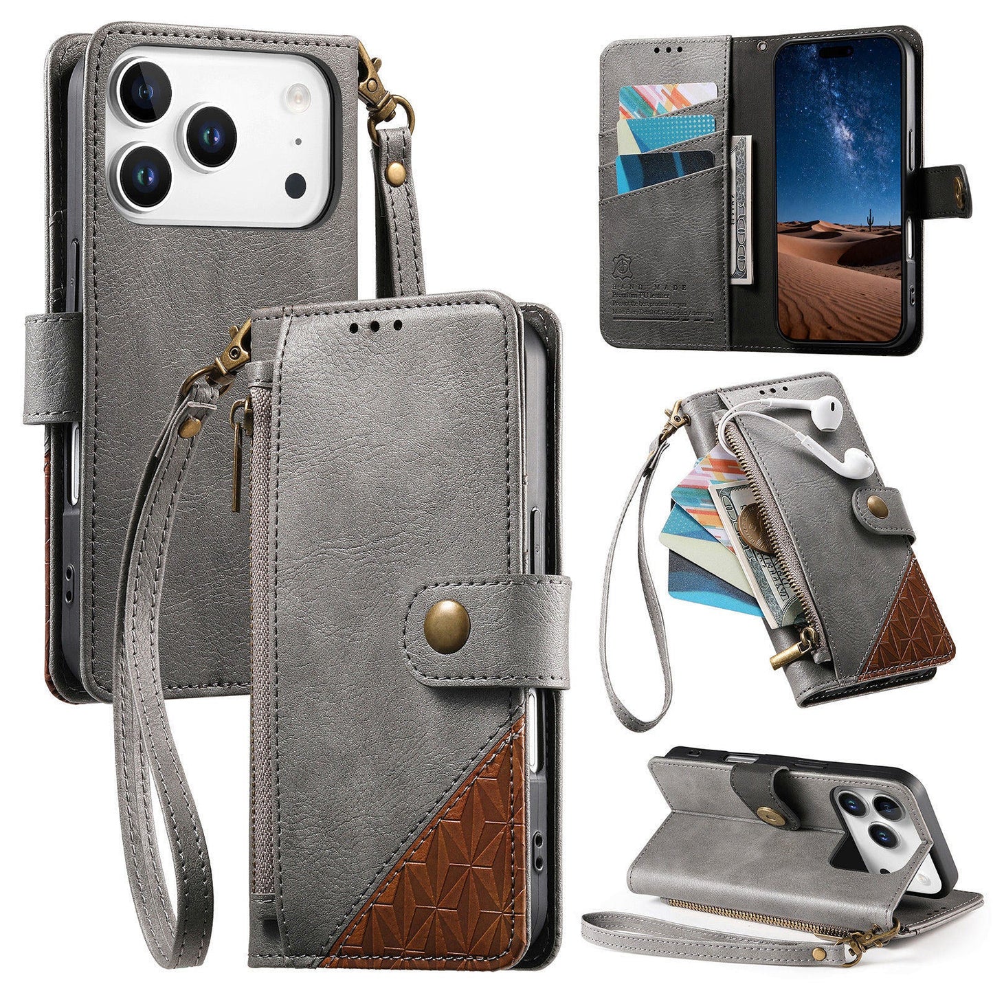 Color-Blocked Shockproof Premium Wallet Leather Phone Case for iPhone 17 Pro Max