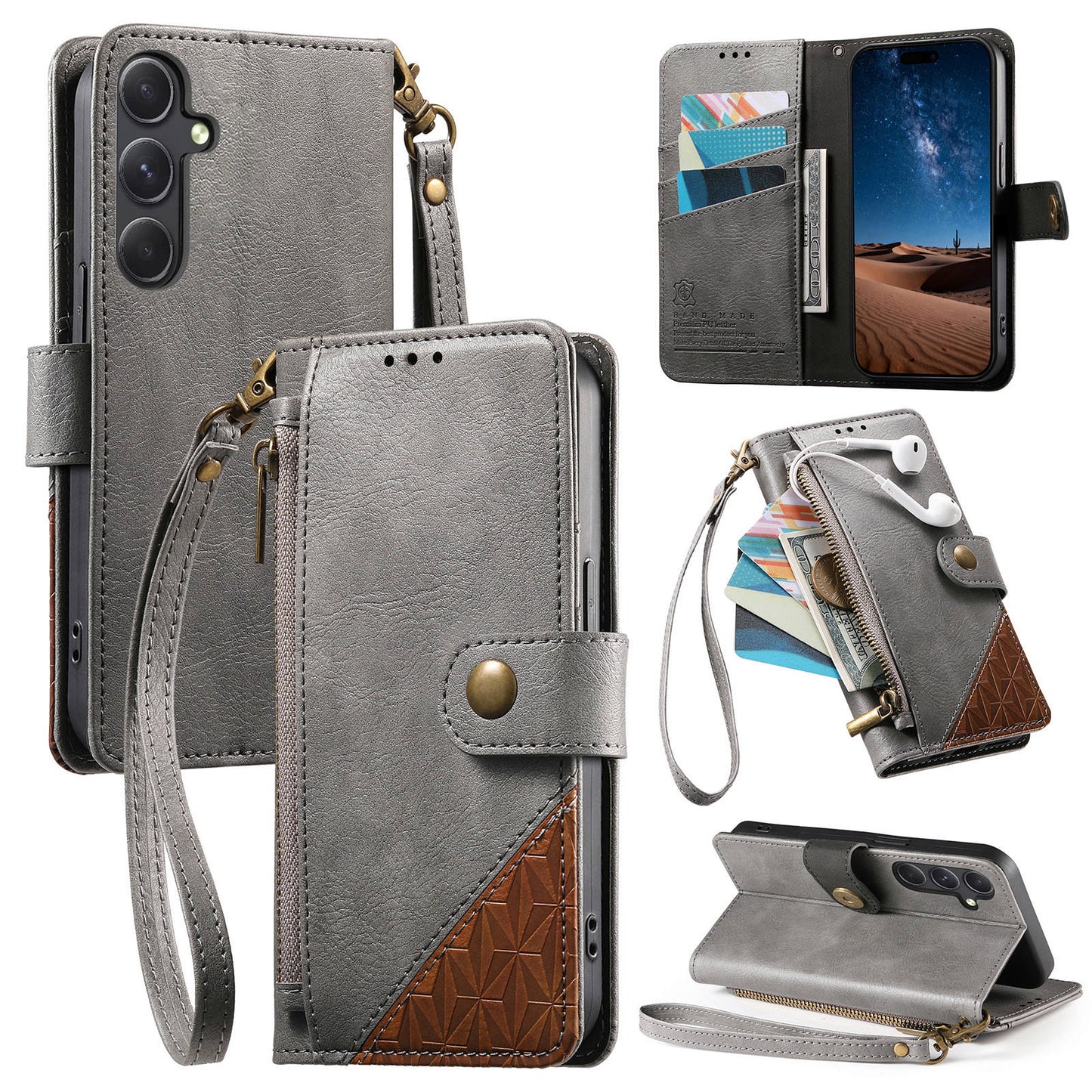 Color-Blocked Shockproof Premium Wallet Leather Phone Case for Samsung Galaxy A15
