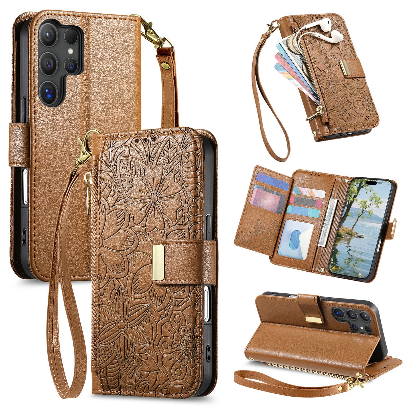 Embossed Floral & Leaf Zipper Wallet Phone Case for Samsung Galaxy