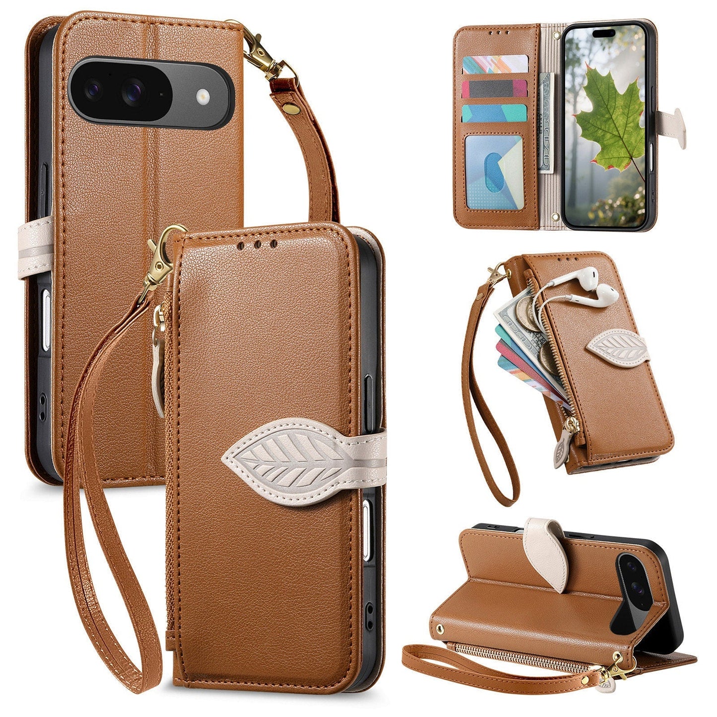 Leather Flip Phone Case with Leaf Design, Wrist Strap and Zipper Closure for Google Pixel 9