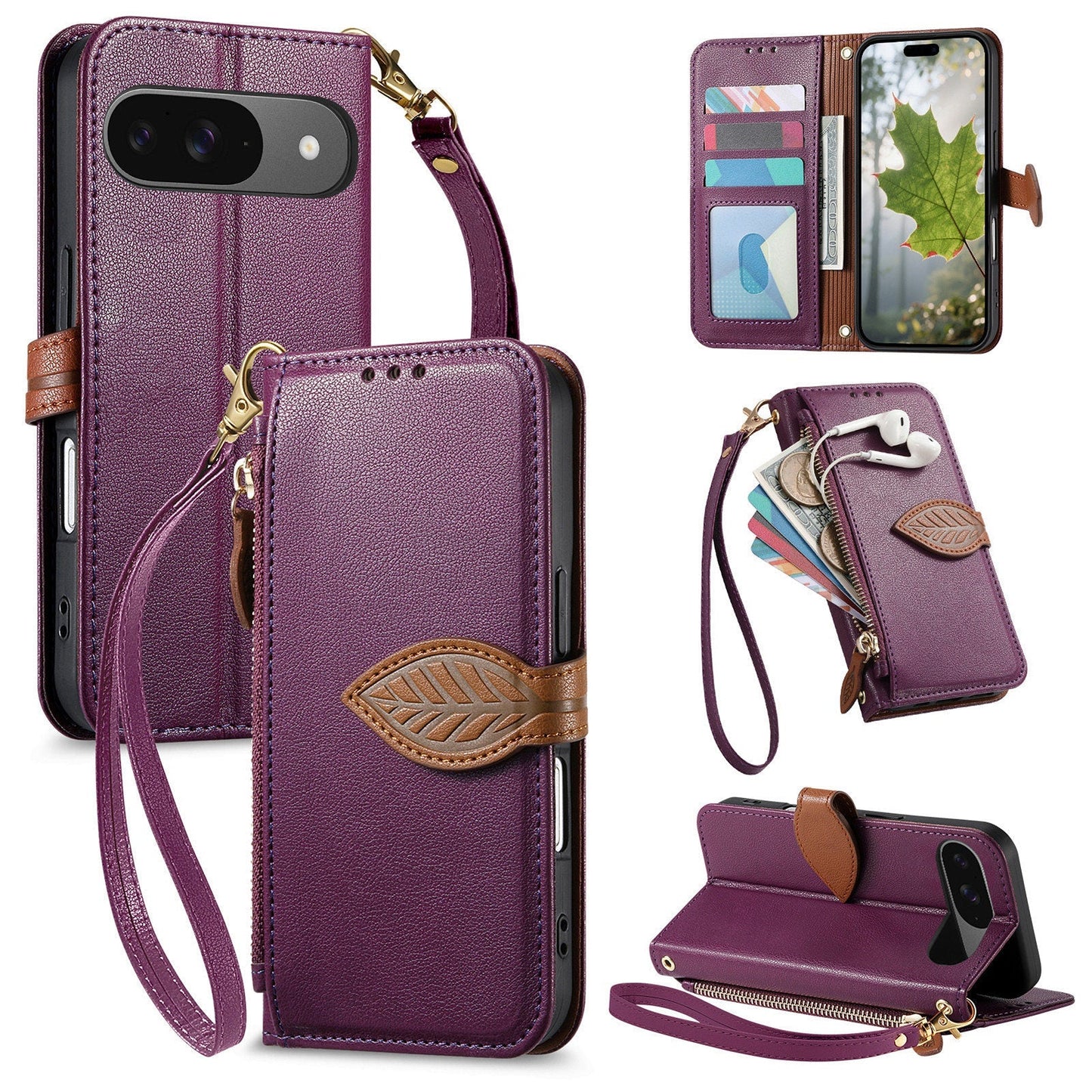 Leather Flip Phone Case with Leaf Design, Wrist Strap and Zipper Closure for Google Pixel 8 Pro
