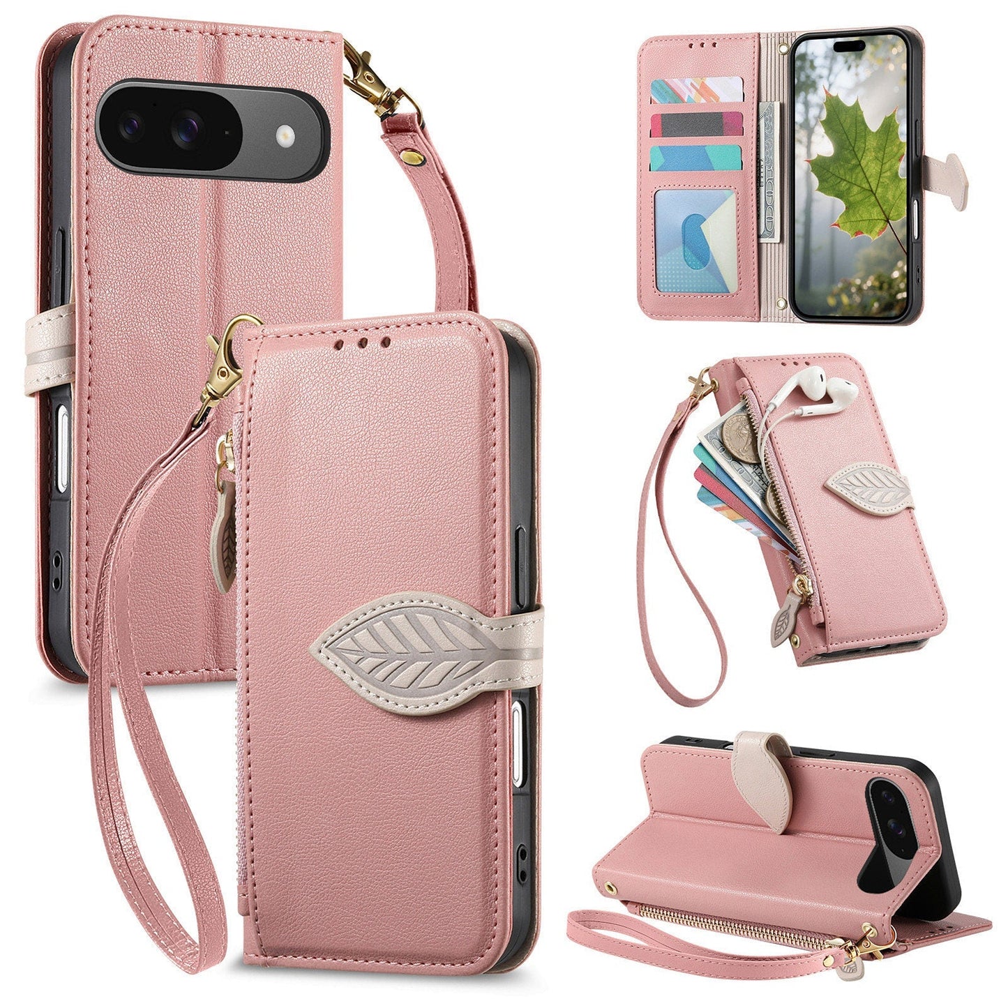 Leather Flip Phone Case with Leaf Design, Wrist Strap and Zipper Closure for Google pixel 7 Pro