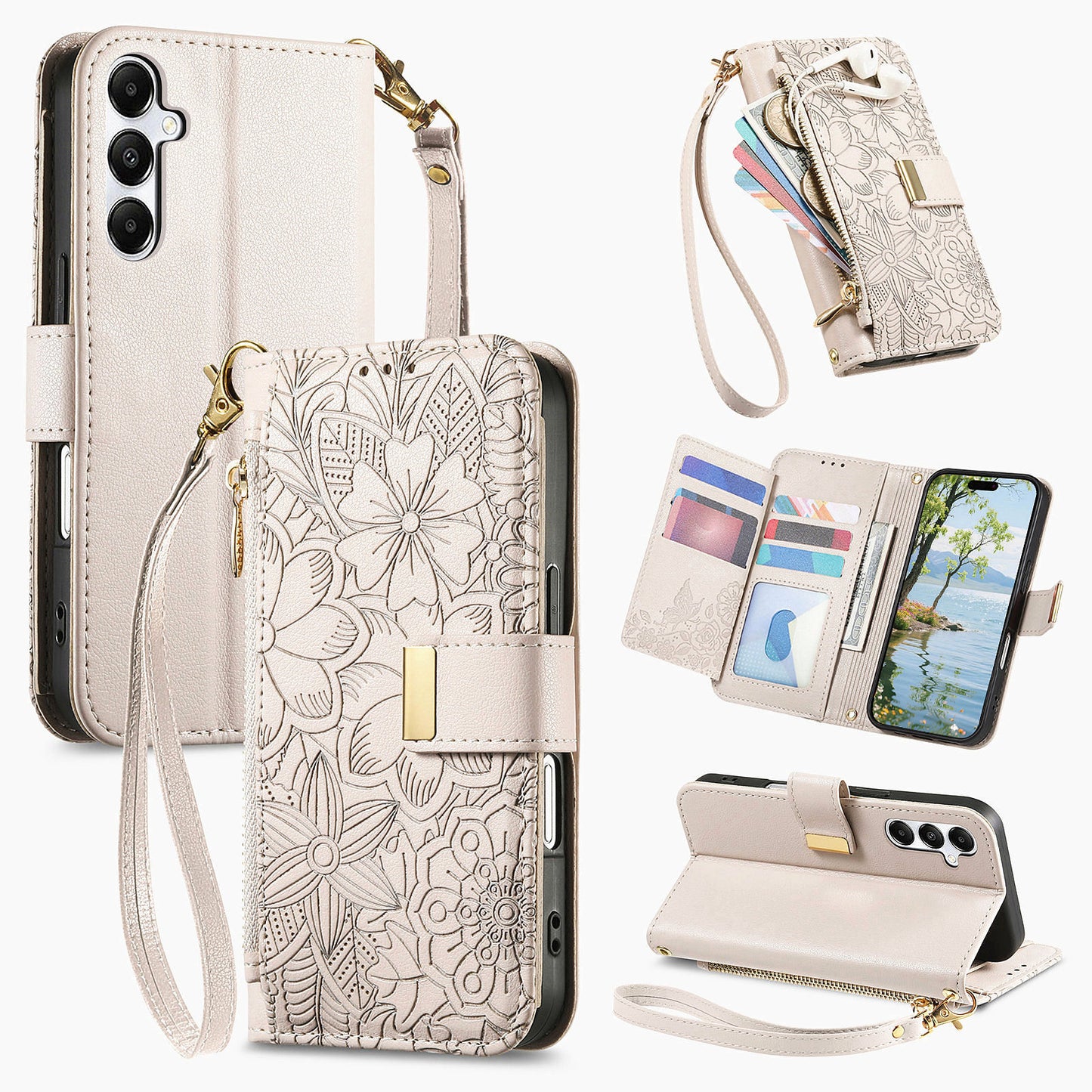 Embossed Floral & Leaf Zipper Wallet Phone Case for Samsung Galaxy
