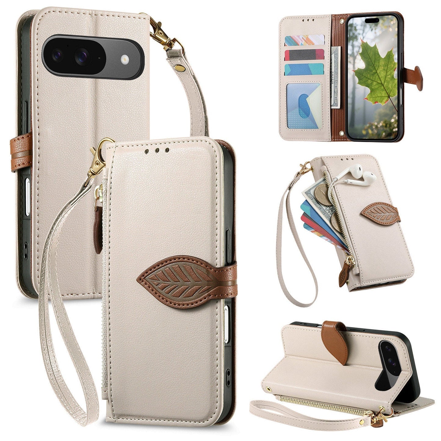 Leather Flip Phone Case with Leaf Design, Wrist Strap and Zipper Closure for Google Pixel 8