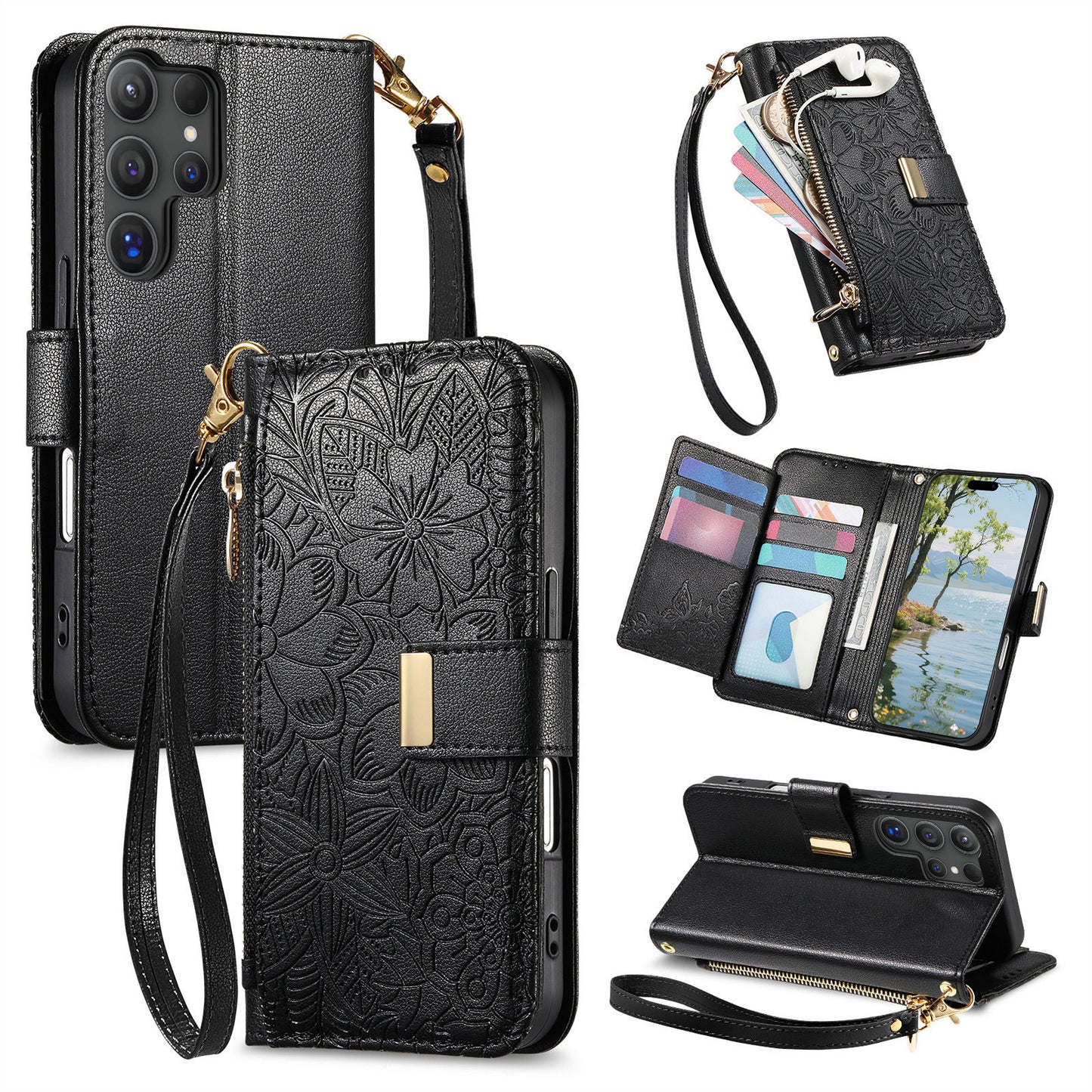 Embossed Floral & Leaf Zipper Wallet Phone Case for Samsung Galaxy