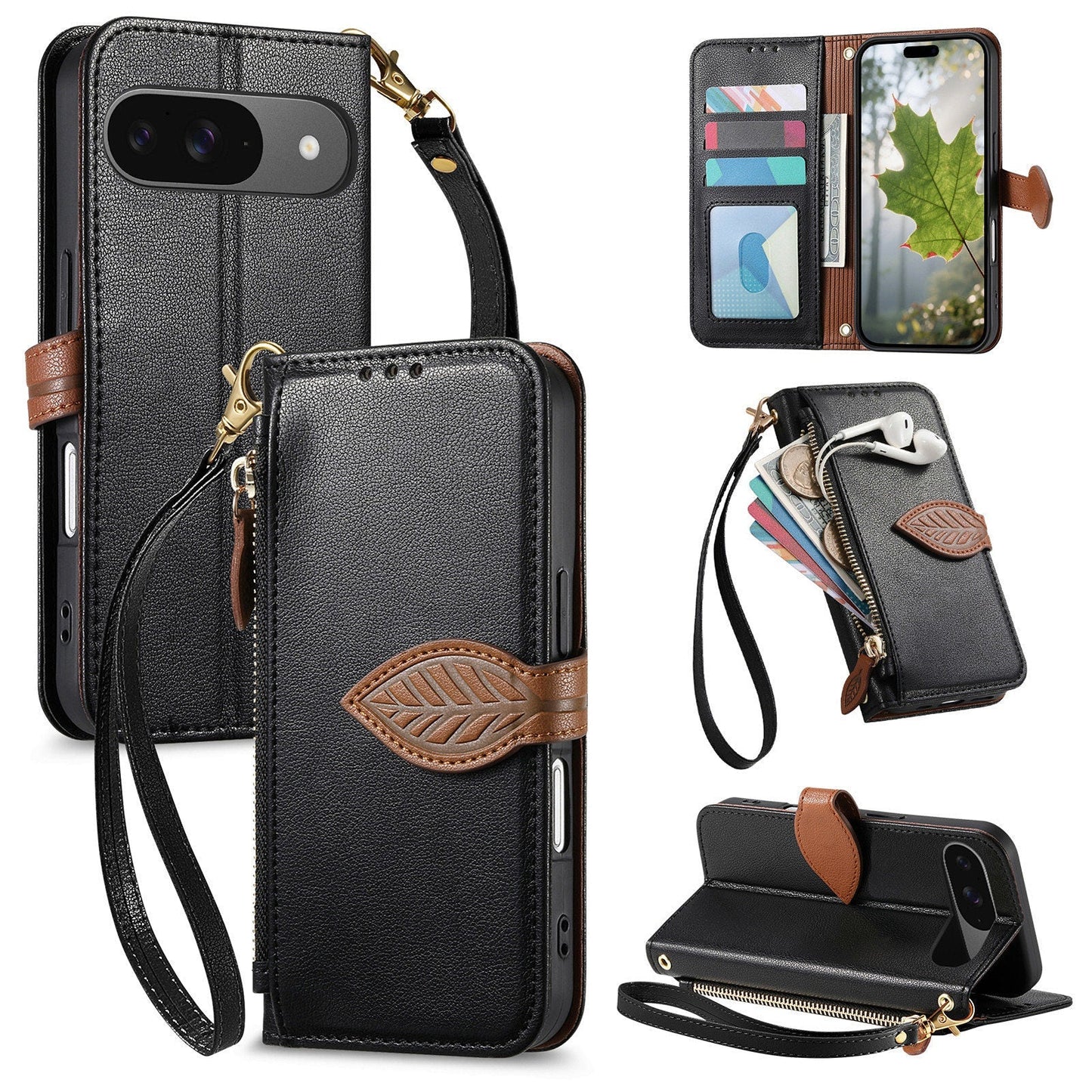 Leather Flip Phone Case with Leaf Design, Wrist Strap and Zipper Closure for Google pixel 8a
