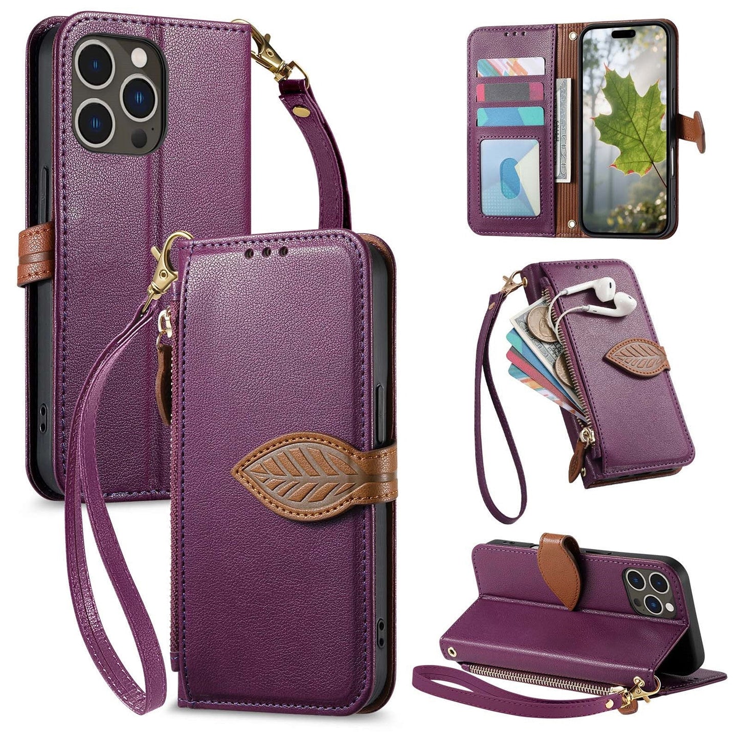 Leather Flip Phone Case with Leaf Design, Wrist Strap and Zipper Closure for iPhone 12 Pro