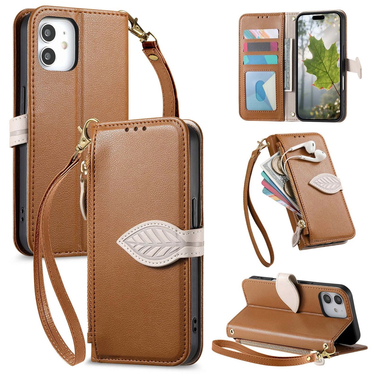 Leather Flip Phone Case with Leaf Design, Wrist Strap and Zipper Closure for iPhone 12 Mini