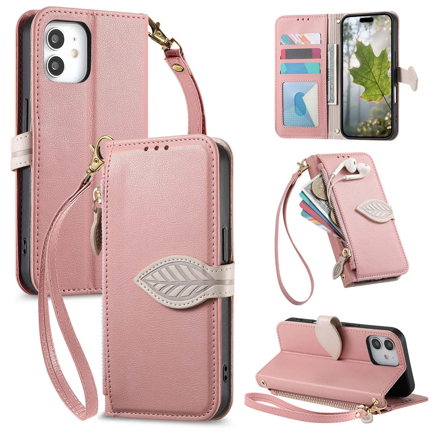 Leather Flip Phone Case with Leaf Design, Wrist Strap and Zipper Closure for iPhone 11