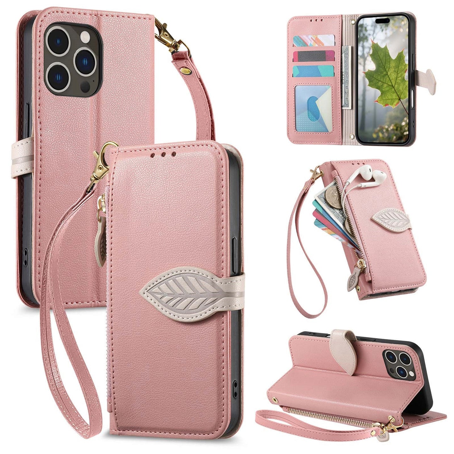 Leather Flip Phone Case with Leaf Design, Wrist Strap and Zipper Closure for iPhone 14 Pro