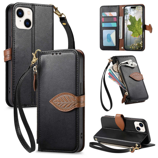 Leather Flip Phone Case with Leaf Design, Wrist Strap and Zipper Closure for iPhone 15 Plus