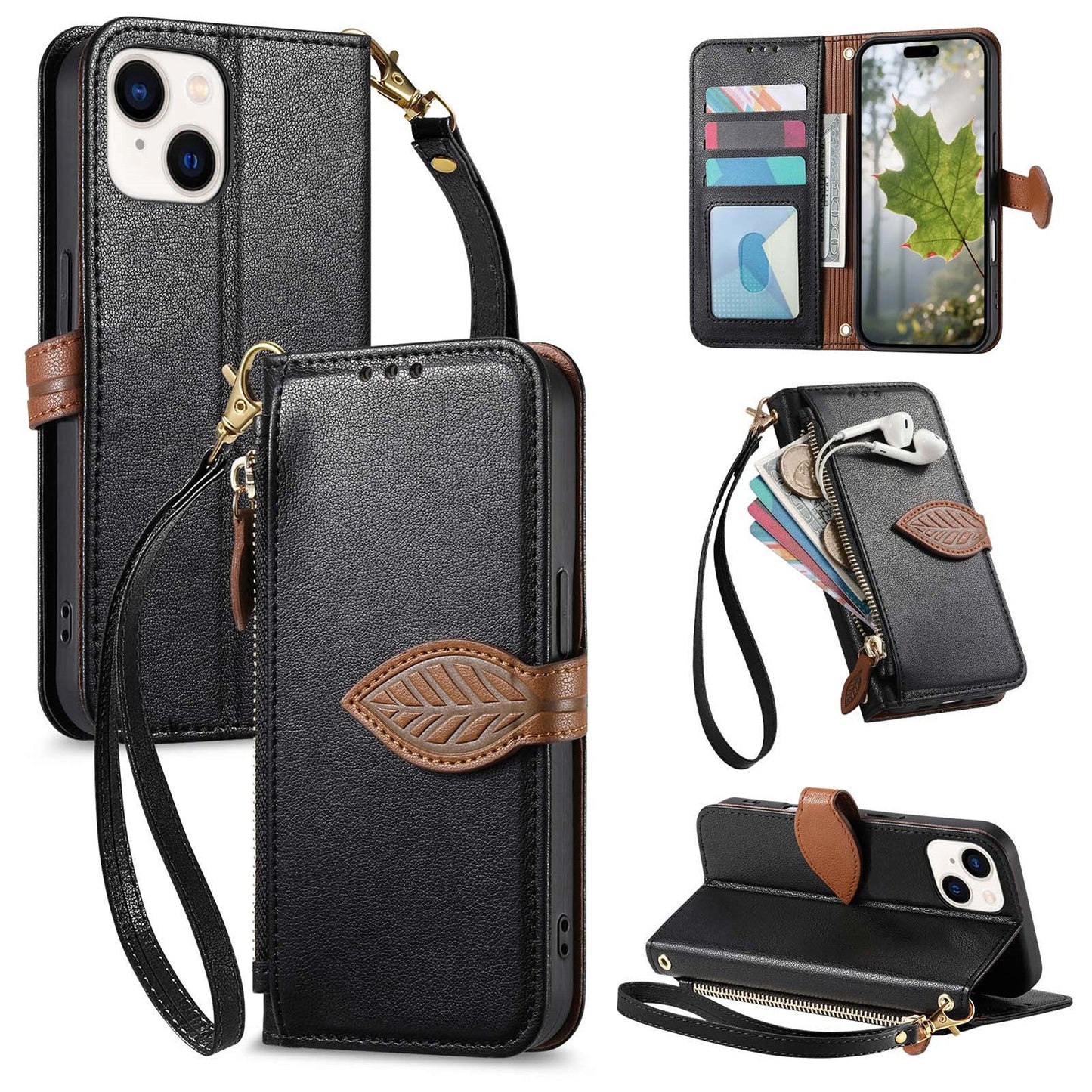 Leather Flip Phone Case with Leaf Design, Wrist Strap and Zipper Closure for iPhone 15