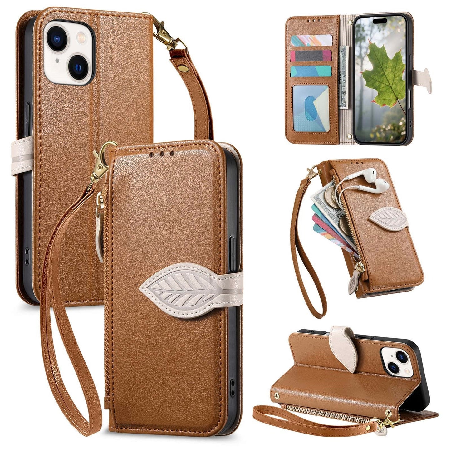 Leather Flip Phone Case with Leaf Design, Wrist Strap and Zipper Closure for iPhone 14