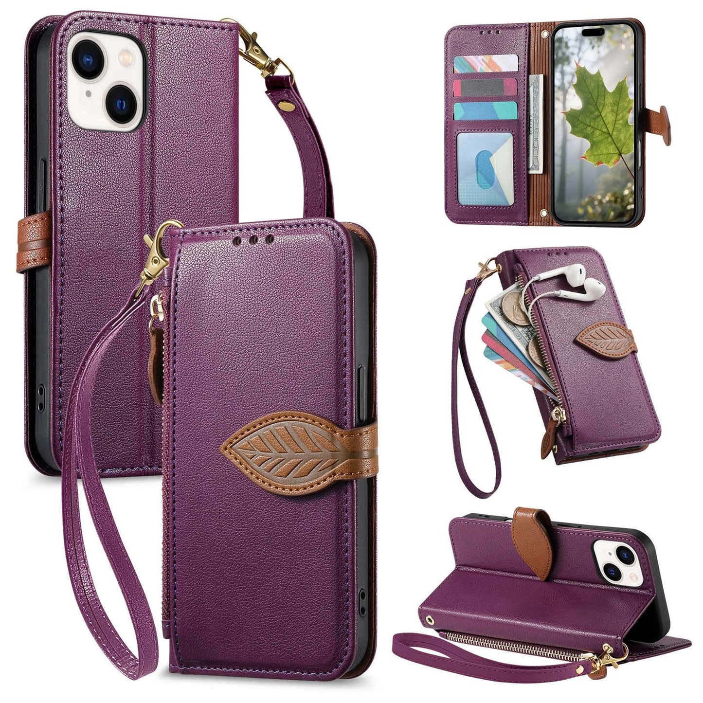 Leather Flip Phone Case with Leaf Design, Wrist Strap and Zipper Closure for iPhone 15