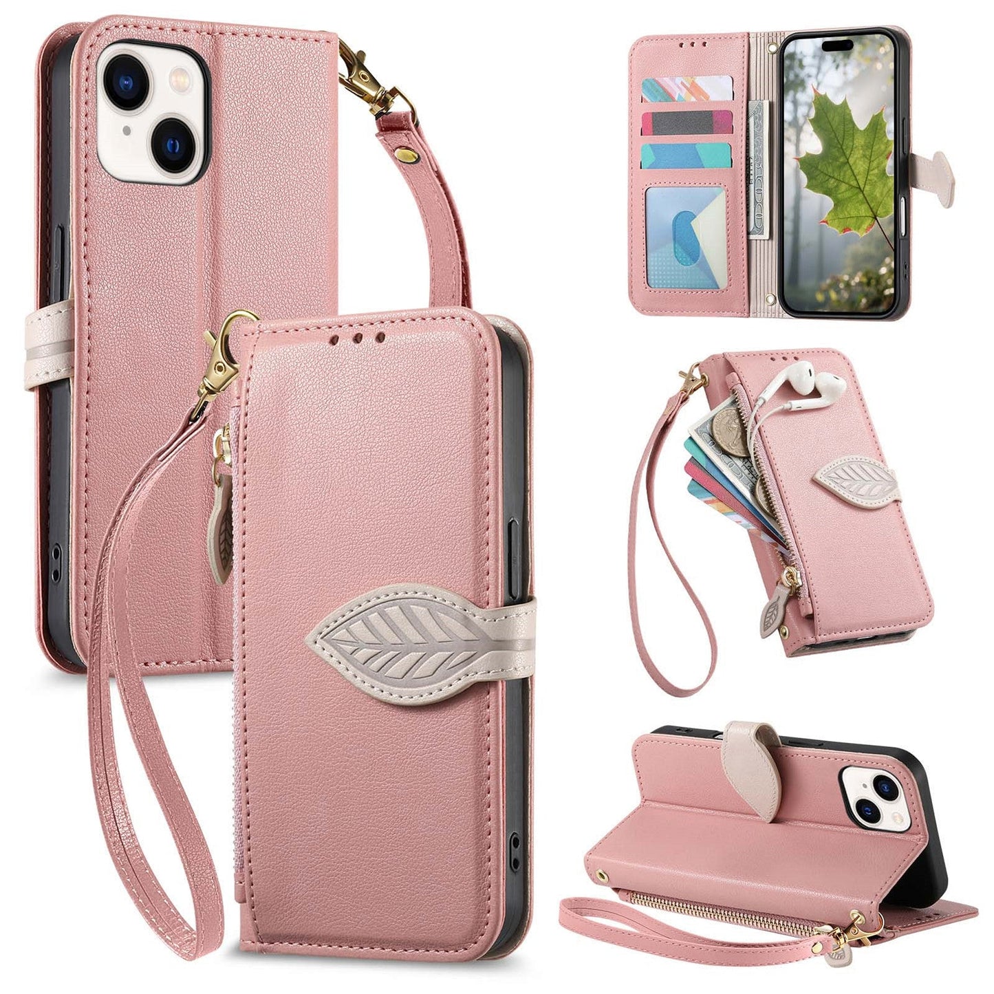 Leather Flip Phone Case with Leaf Design, Wrist Strap and Zipper Closure for iPhone 13