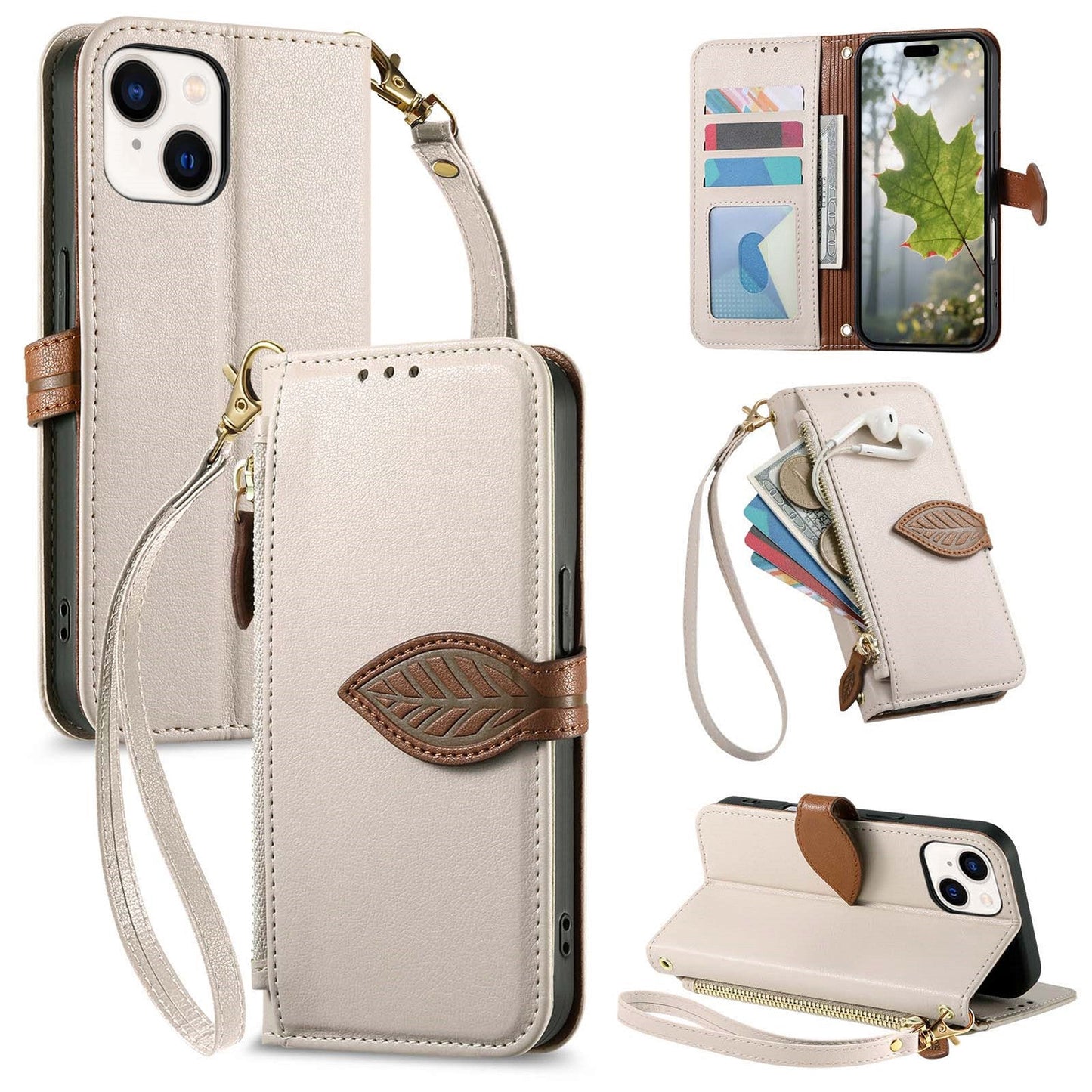 Leather Flip Phone Case with Leaf Design, Wrist Strap and Zipper Closure for iPhone 14