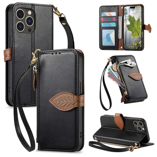 Leather Flip Phone Case with Leaf Design, Wrist Strap and Zipper Closure for iPhone 16 Pro Max