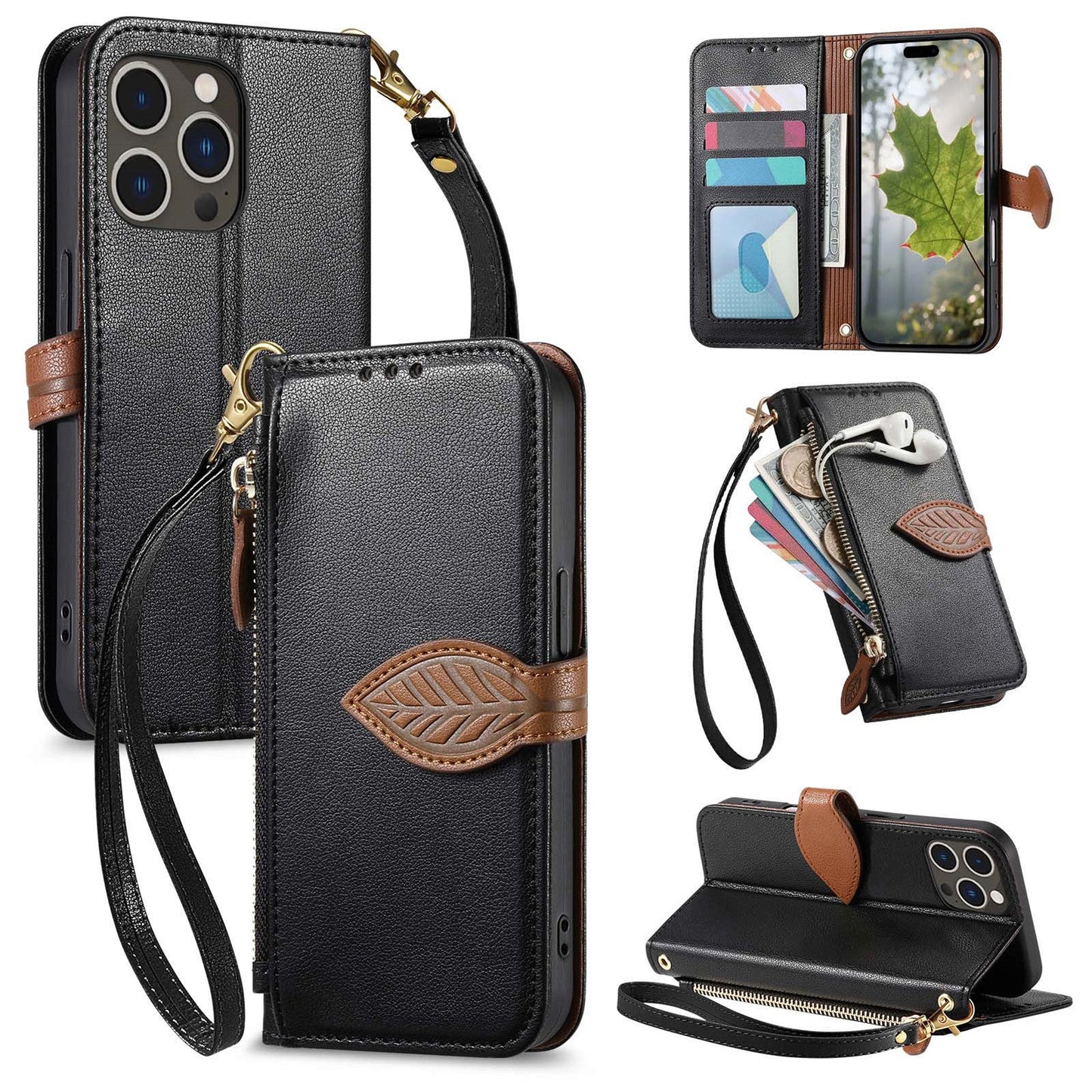 Leather Flip Phone Case with Leaf Design, Wrist Strap and Zipper Closure for iPhone 11 Pro Max