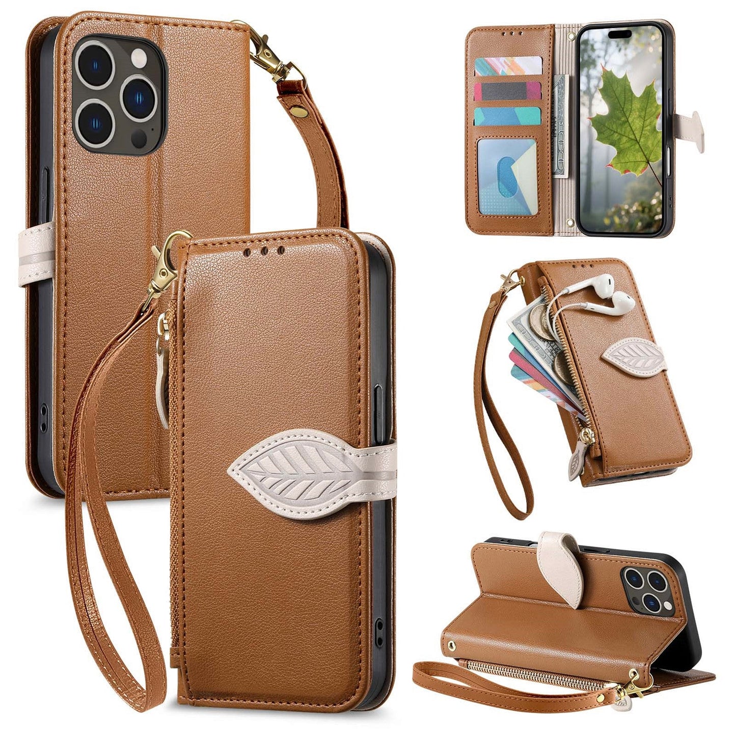 Leather Flip Phone Case with Leaf Design, Wrist Strap and Zipper Closure for iPhone 16 Pro Max