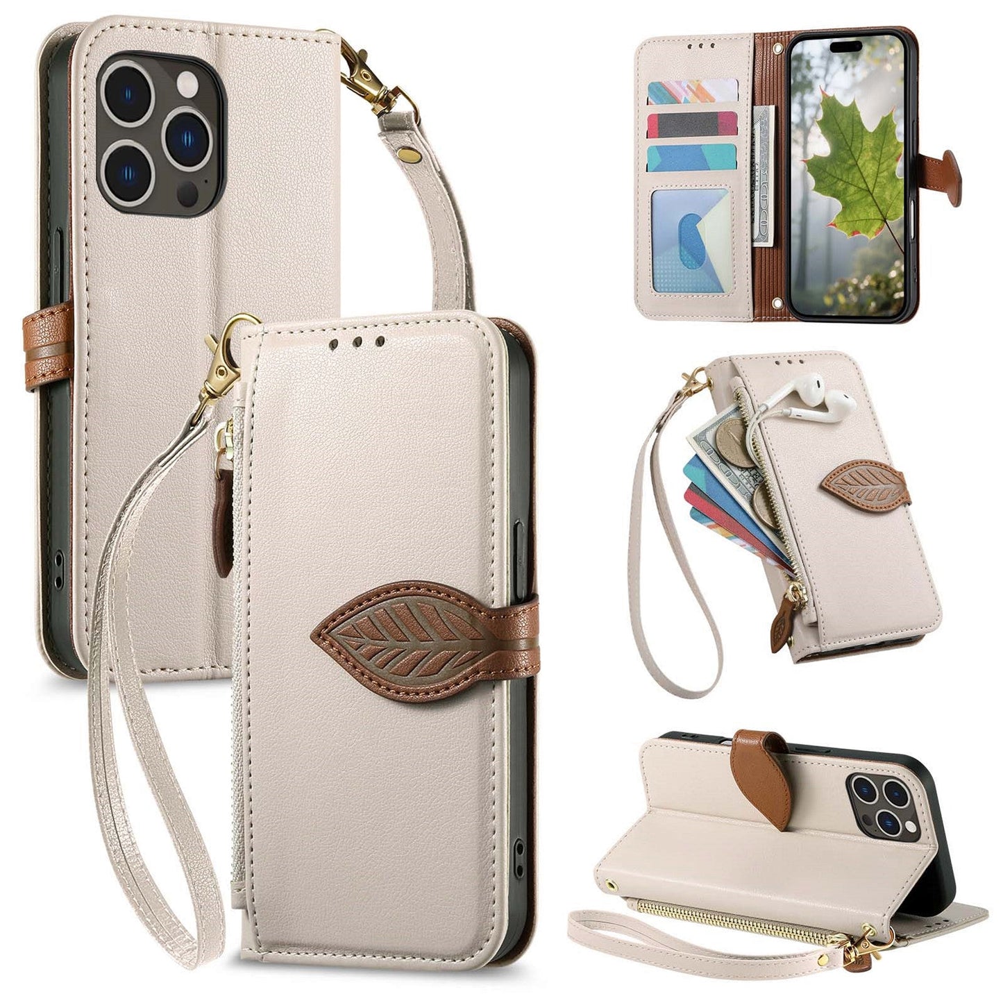 Leather Flip Phone Case with Leaf Design, Wrist Strap and Zipper Closure for iPhone 11 Pro