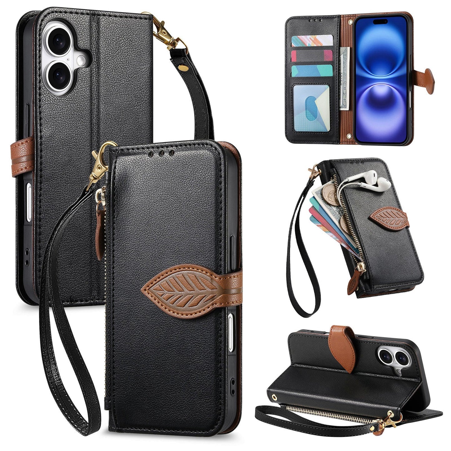 Leather Flip Phone Case with Leaf Design, Wrist Strap and Zipper Closure for iPhone 17