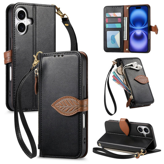 Leather Flip Phone Case with Leaf Design, Wrist Strap and Zipper Closure for iPhone 17