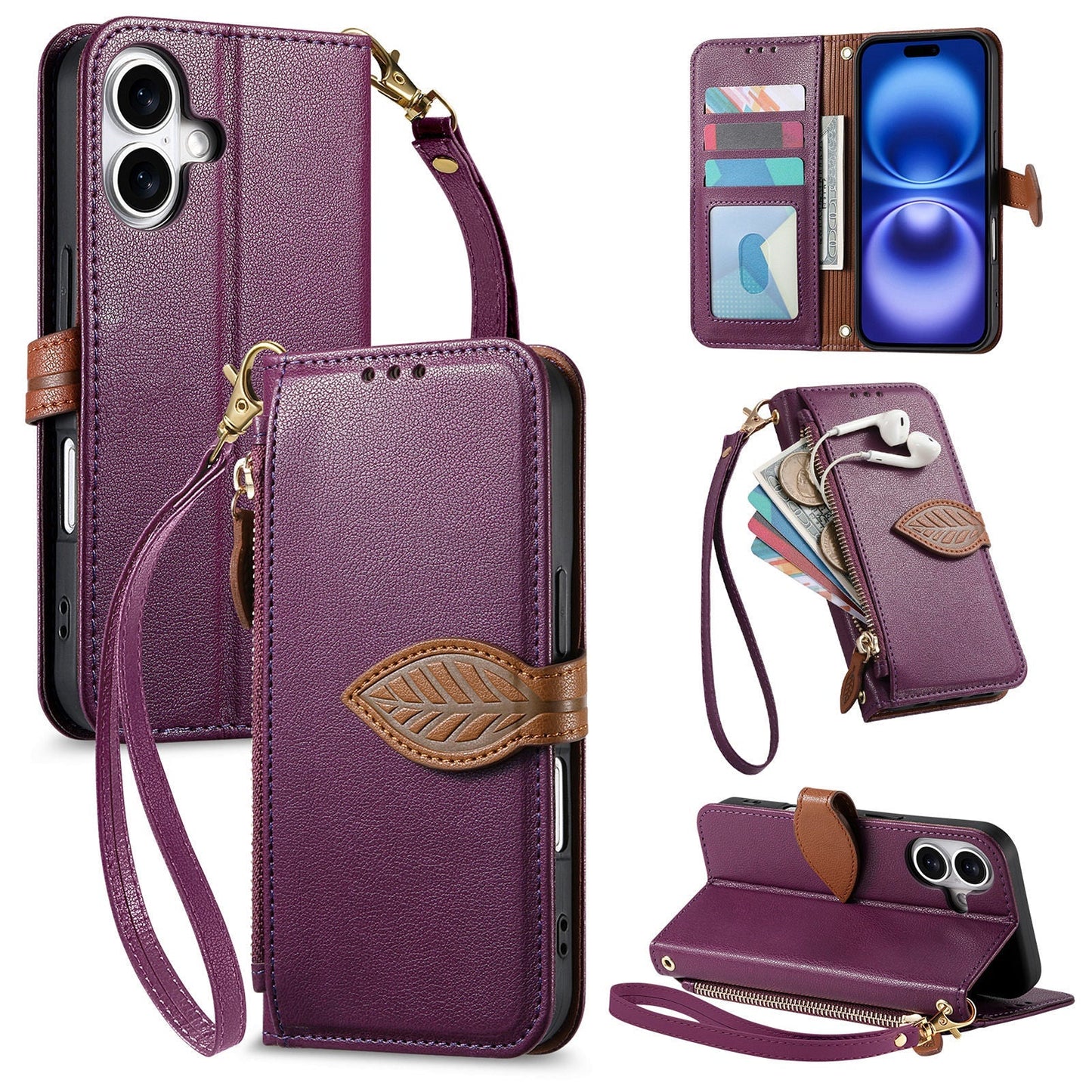 Leather Flip Phone Case with Leaf Design, Wrist Strap and Zipper Closure for iPhone 16