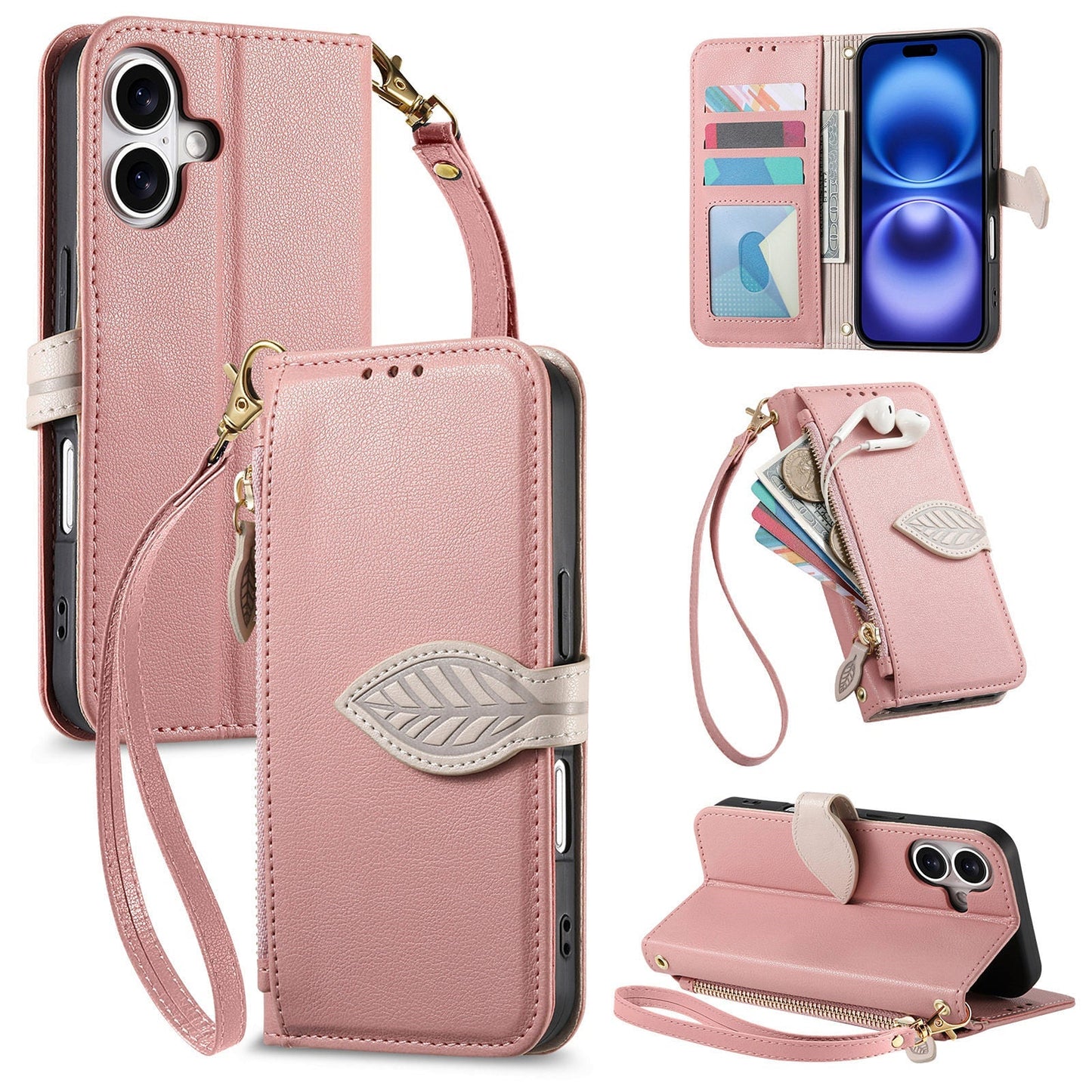 Leather Flip Phone Case with Leaf Design, Wrist Strap and Zipper Closure for iPhone 16