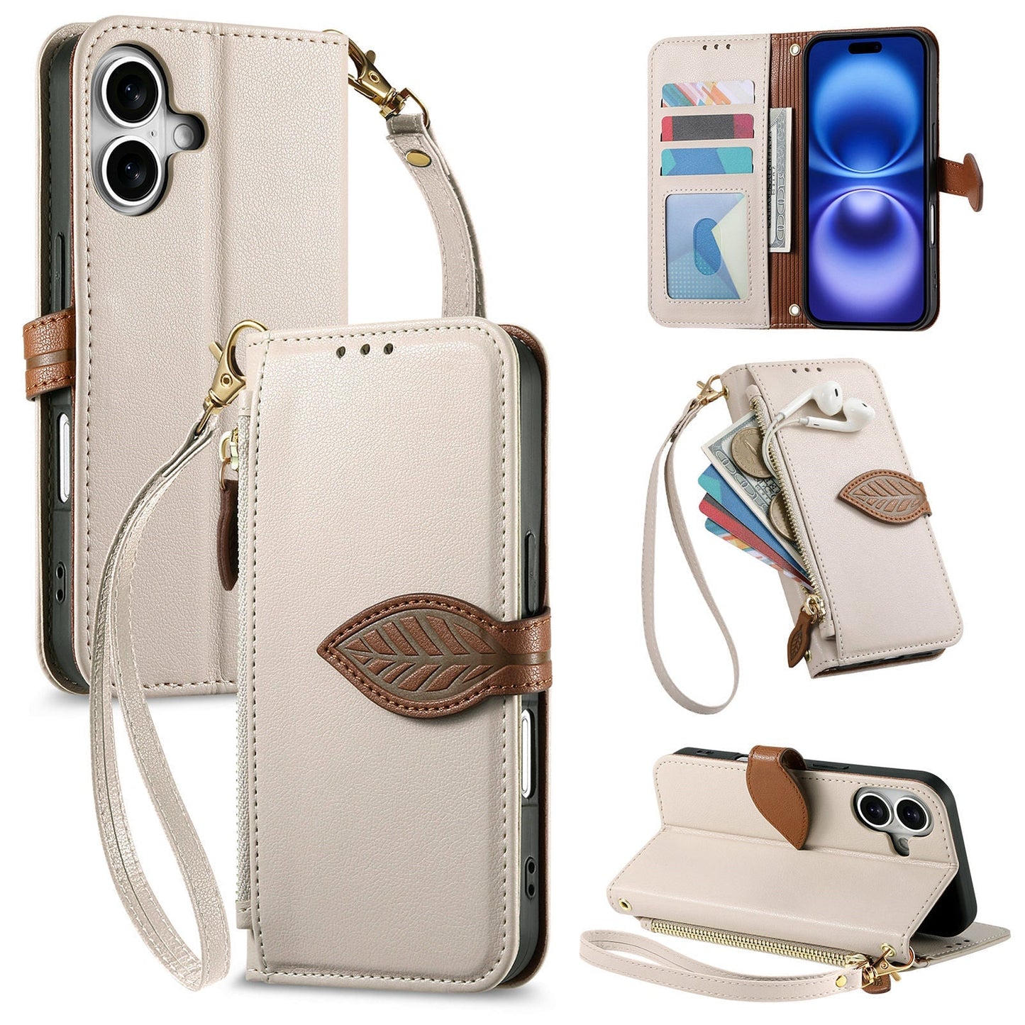 Leather Flip Phone Case with Leaf Design, Wrist Strap and Zipper Closure for iPhone 17
