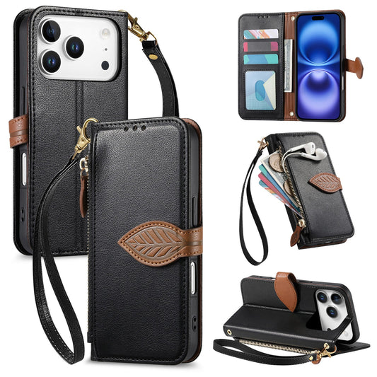 Leather Flip Phone Case with Leaf Design, Wrist Strap and Zipper Closure for iPhone 17 Pro Max