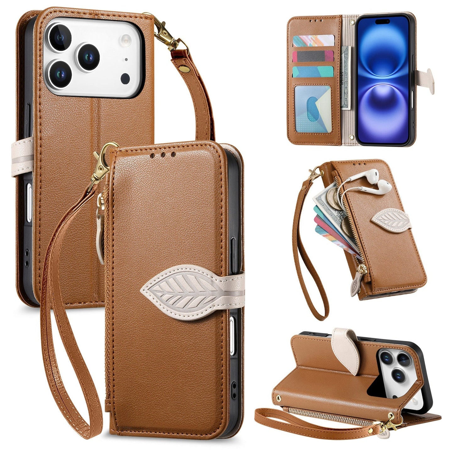 Leather Flip Phone Case with Leaf Design, Wrist Strap and Zipper Closure for iPhone 17 Pro