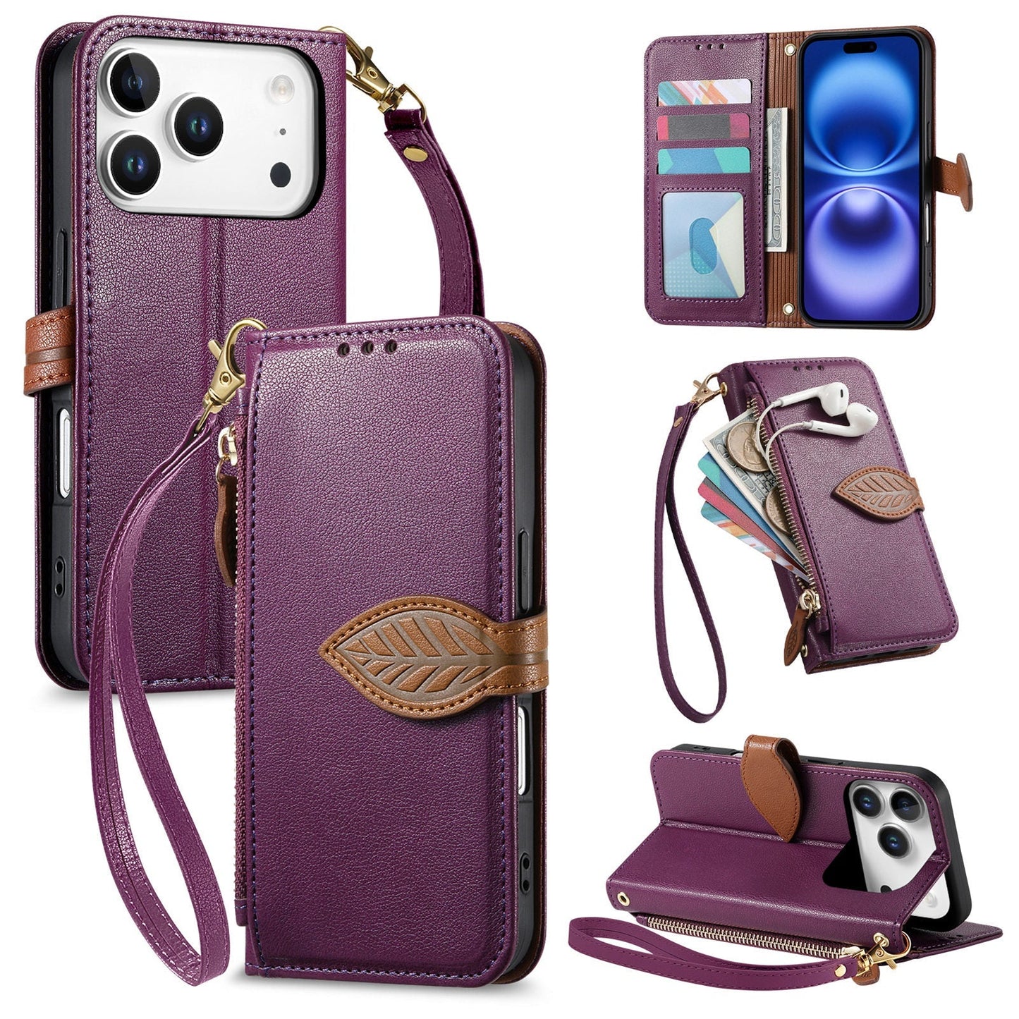 Leather Flip Phone Case with Leaf Design, Wrist Strap and Zipper Closure for iPhone 17 Pro Max