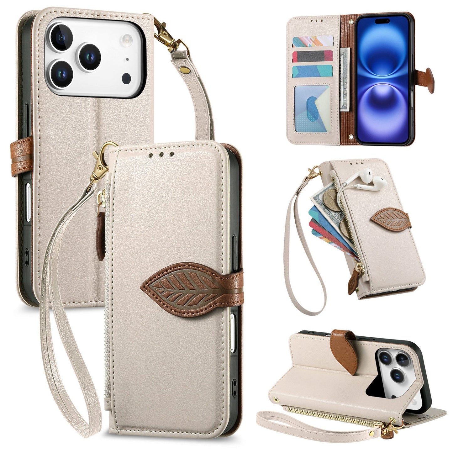Leather Flip Phone Case with Leaf Design, Wrist Strap and Zipper Closure for iPhone 17 Pro