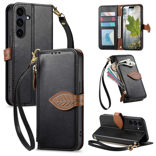 Leather Flip Phone Case with Leaf Design, Wrist Strap and Zipper Closure for Samsung Galaxy S21+