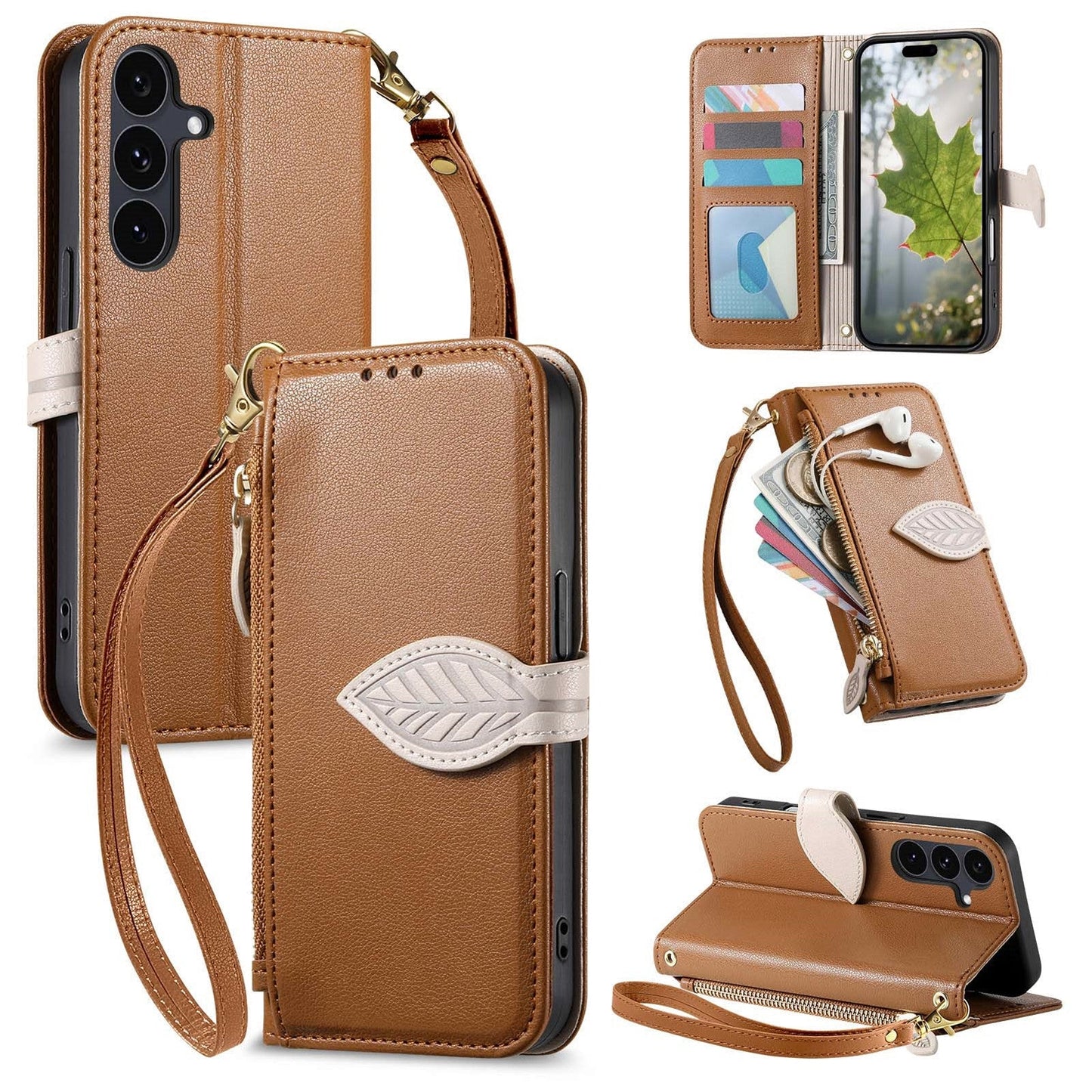 Leather Flip Phone Case with Leaf Design, Wrist Strap and Zipper Closure for Samsung Galaxy S23+
