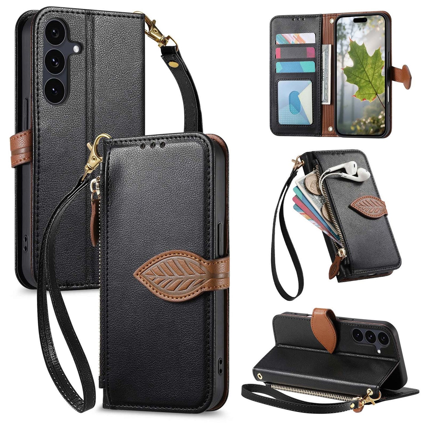 Leather Flip Phone Case with Leaf Design, Wrist Strap and Zipper Closure for Samsung Galaxy S23 FE