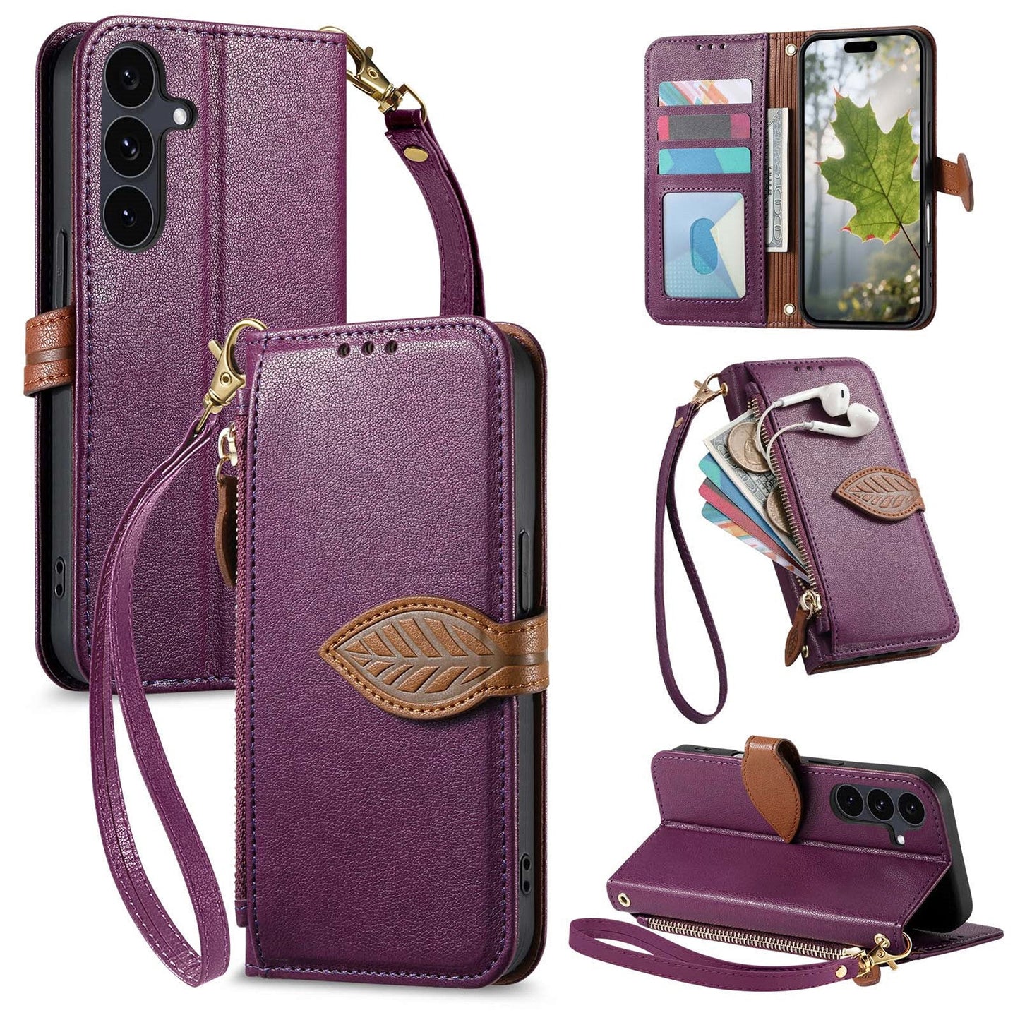 Leather Flip Phone Case with Leaf Design, Wrist Strap and Zipper Closure for Samsung Galaxy A15