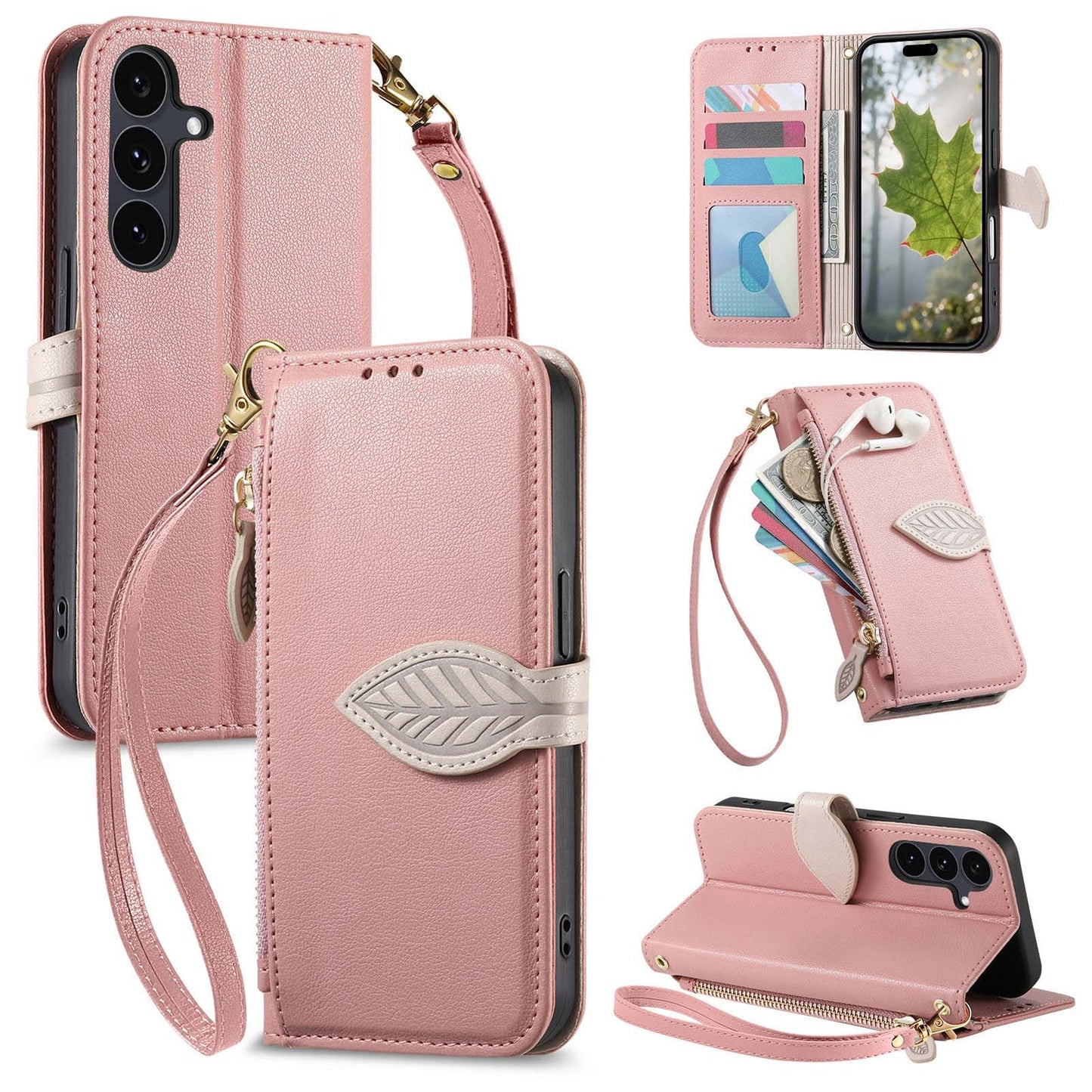 Leather Flip Phone Case with Leaf Design, Wrist Strap and Zipper Closure for Samsung Galaxy A14