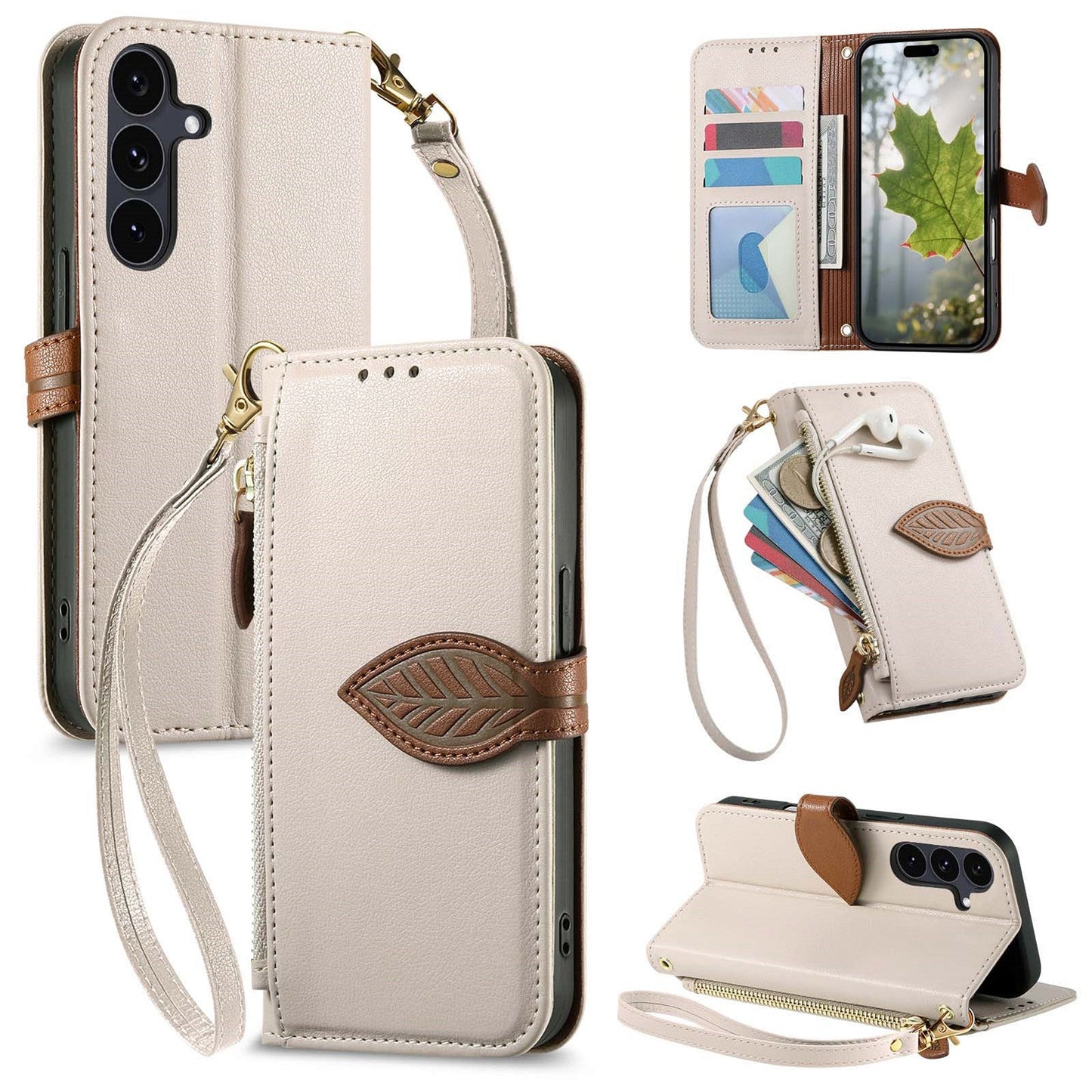 Leather Flip Phone Case with Leaf Design, Wrist Strap and Zipper Closure for Samsung Galaxy A14
