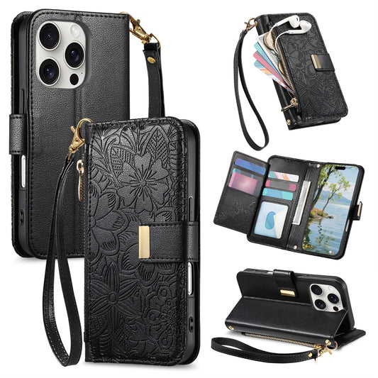 Embossed Floral & Leaf Zipper Wallet Phone Case for iPhone 12 Pro Max