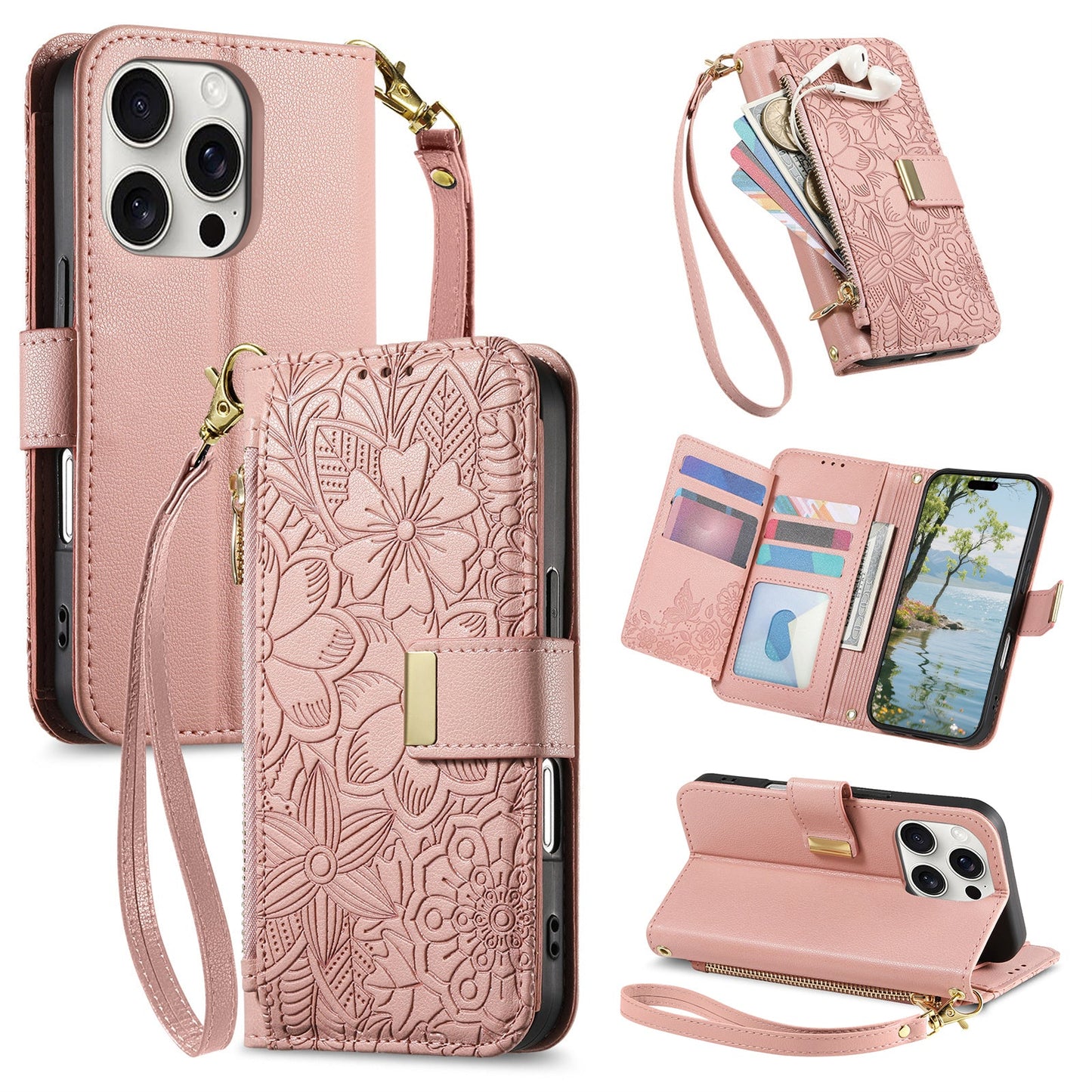 Embossed Floral & Leaf Zipper Wallet Phone Case for iPhone 12 Pro