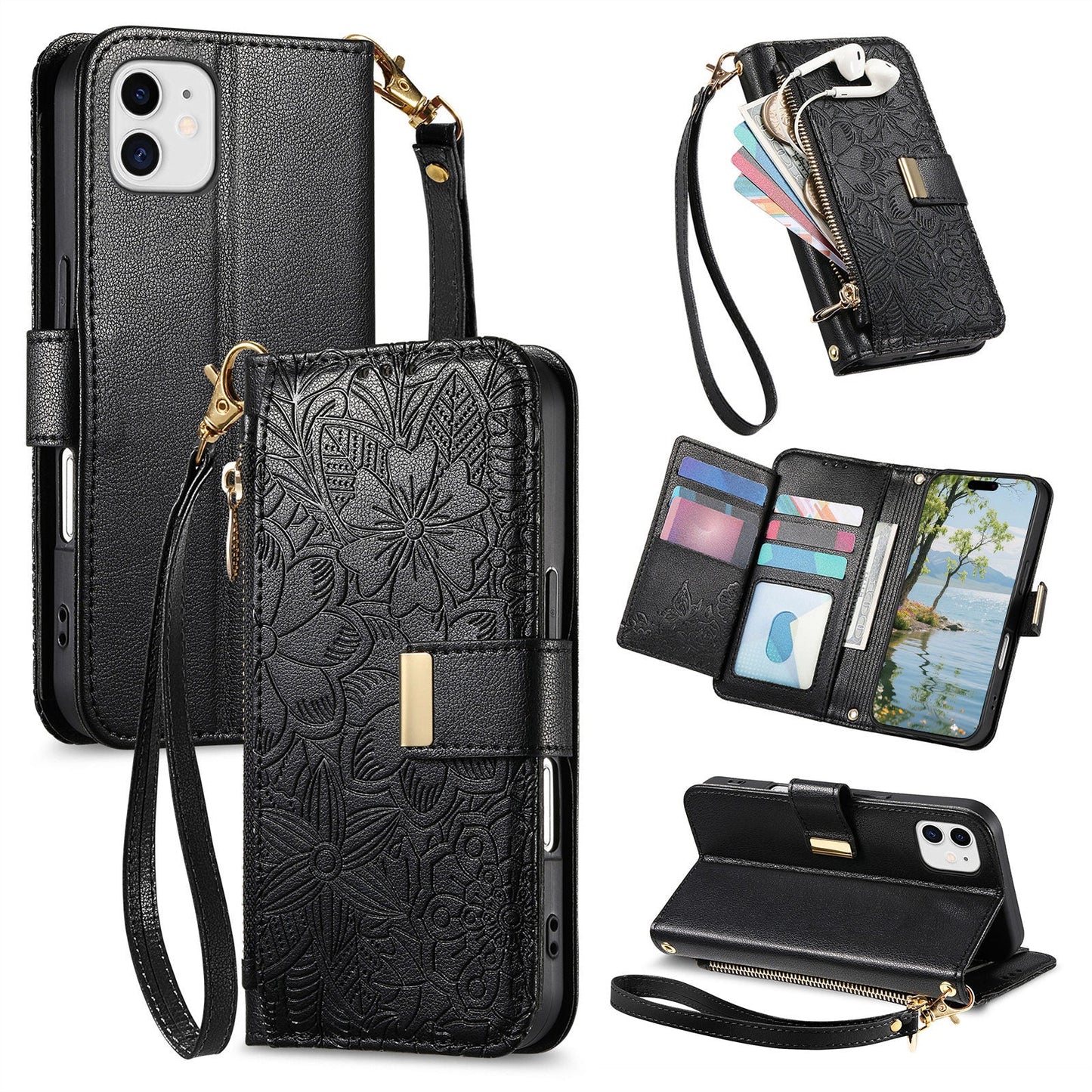 Embossed Floral & Leaf Zipper Wallet Phone Case for iPhone 11