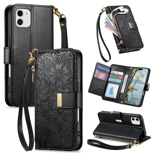 Embossed Floral & Leaf Zipper Wallet Phone Case for iPhone 12